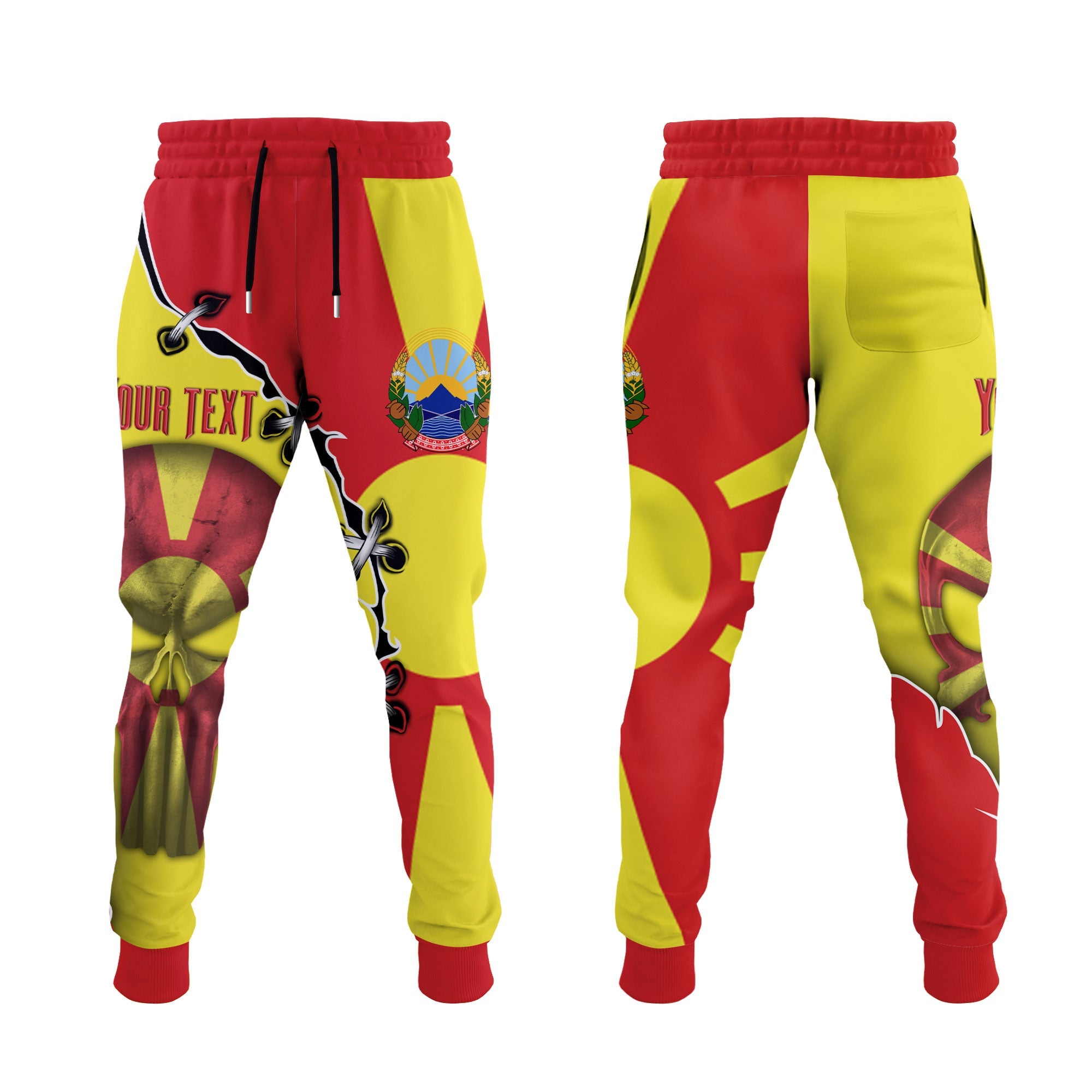 North Macedonia Jogger Pant Flag & Coat Of Arms Skull Style