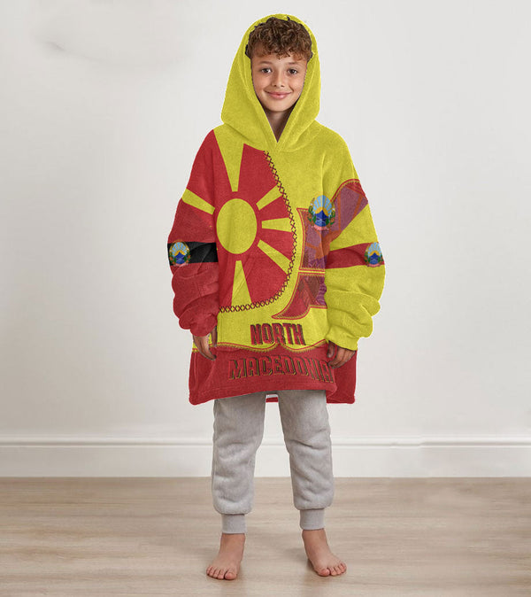 North Macedonia Kid Snug Hoodie Flag & Coat Of Arms Leather Style