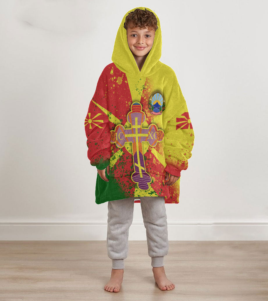 North Macedonia Kid Snug Hoodie Flag & Coat Of Arms Orthodox Style