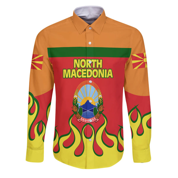 North Macedonia Long Sleeve Button Shirt Flag & Coat Of Arms Fire Hockey Style