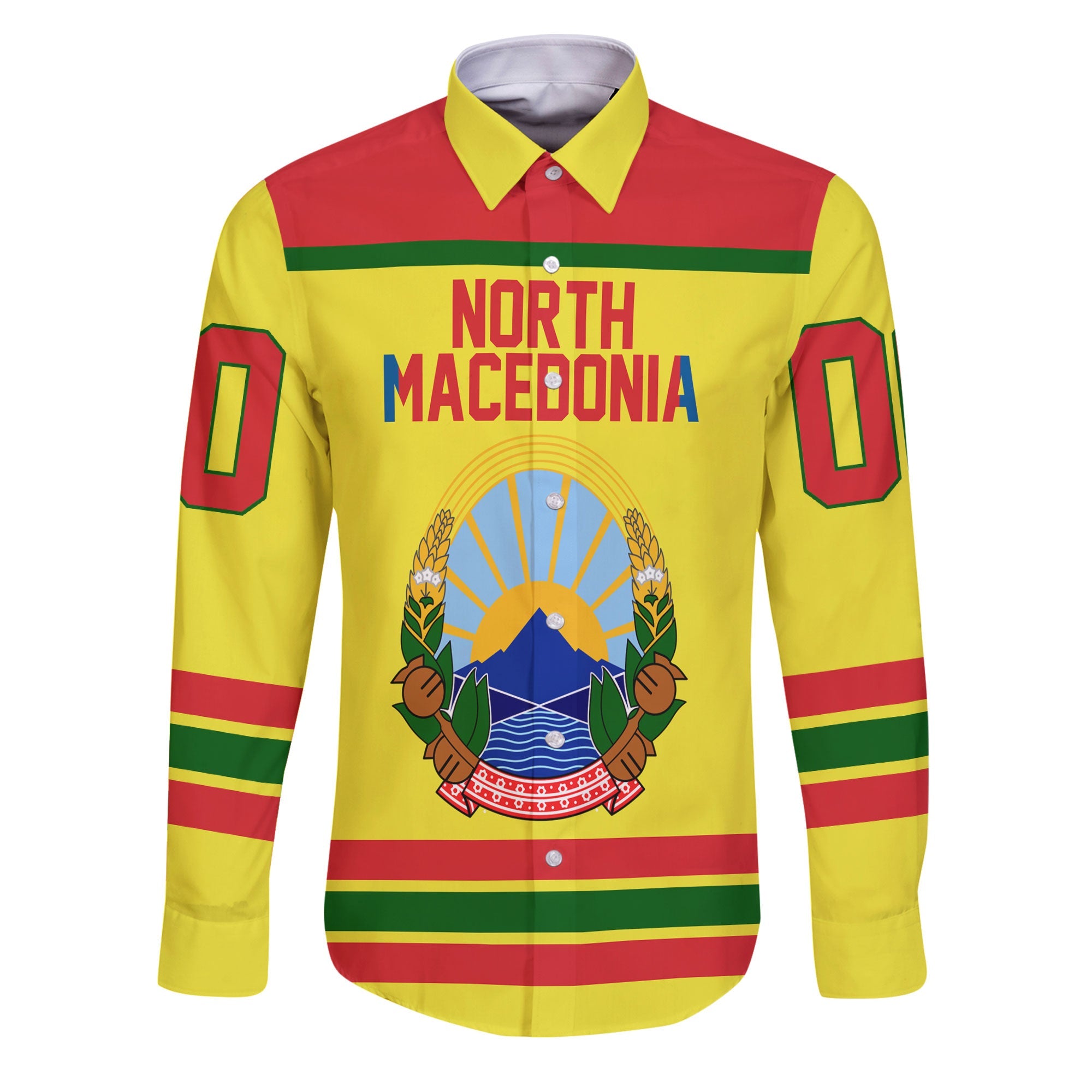 North Macedonia Long Sleeve Button Shirt Flag & Coat Of Arms Hockey Style