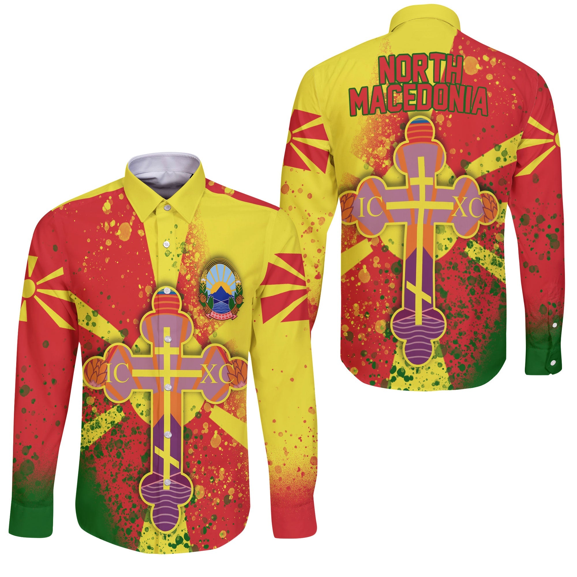 North Macedonia Long Sleeve Button Shirt Flag & Coat Of Arms Orthodox Style