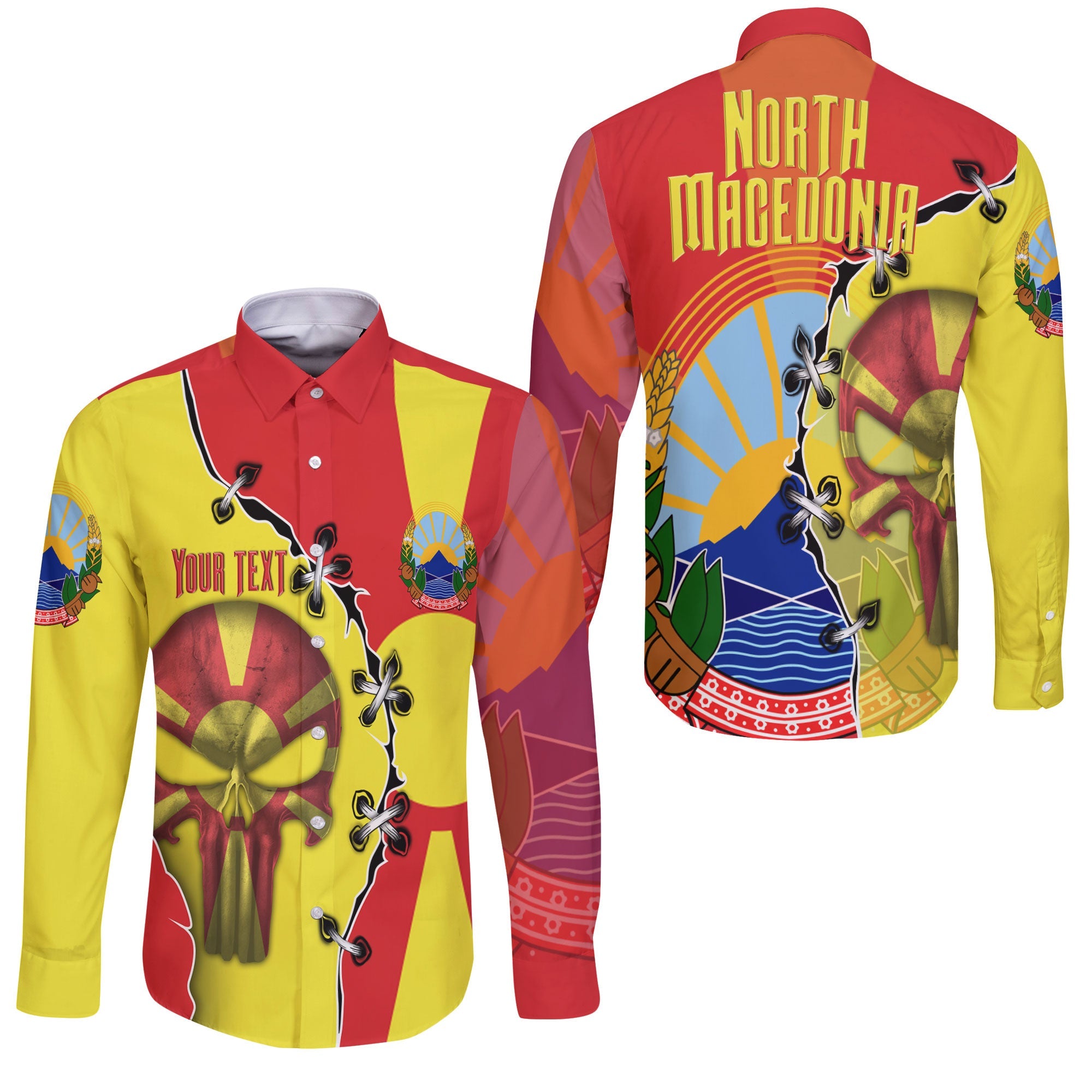 North Macedonia Long Sleeve Button Shirt Flag & Coat Of Arms Skull Style