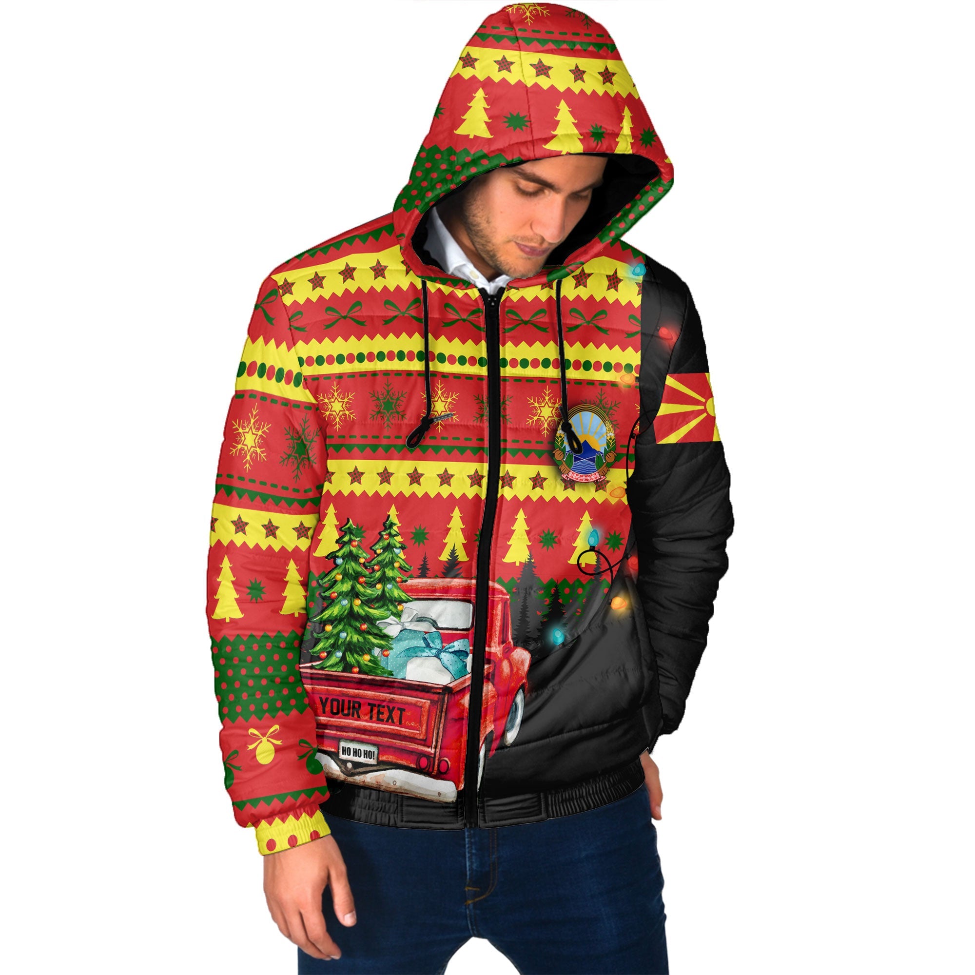 North Macedonia Men Hooded Padded Jacket Coat Of Arms Christmas Style