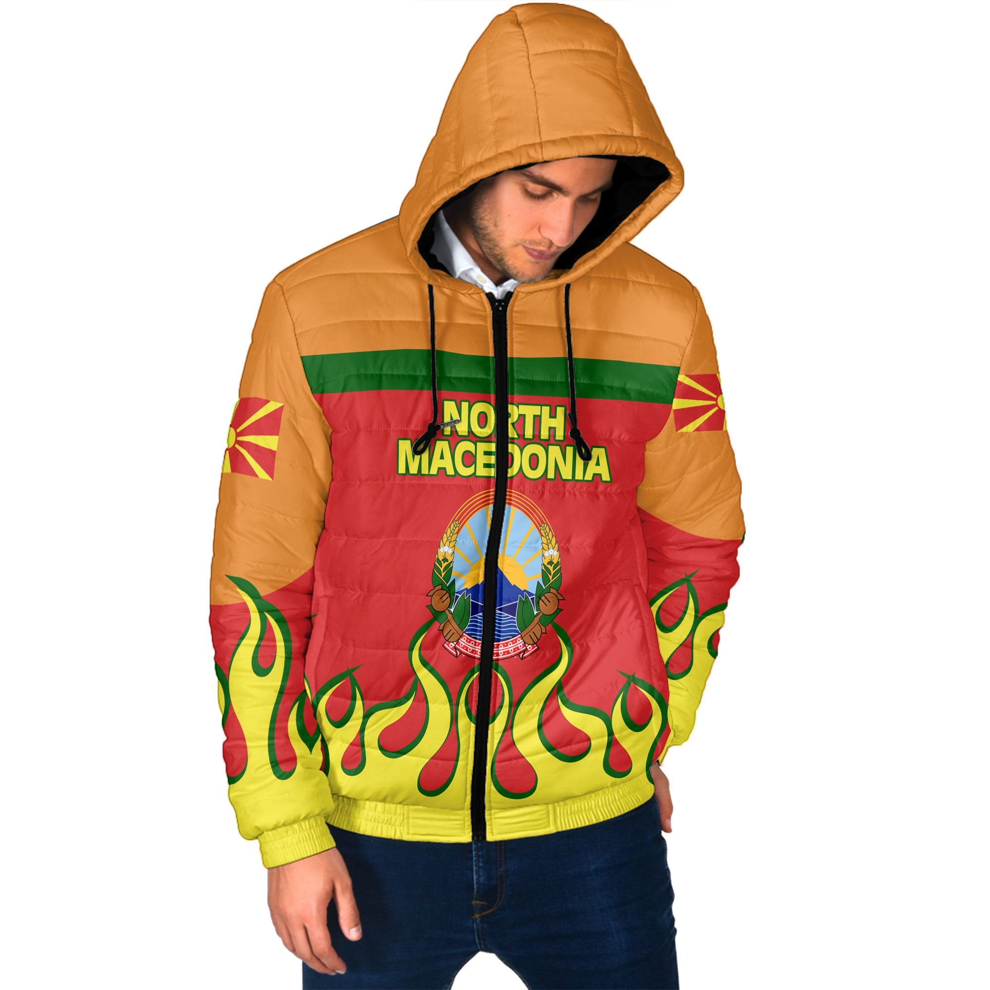 North Macedonia Men Hooded Padded Jacket Flag & Coat Of Arms Fire Hockey Style