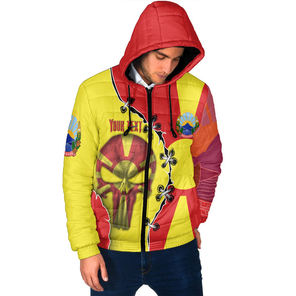 North Macedonia Men Hooded Padded Jacket Flag & Coat Of Arms Skull Style