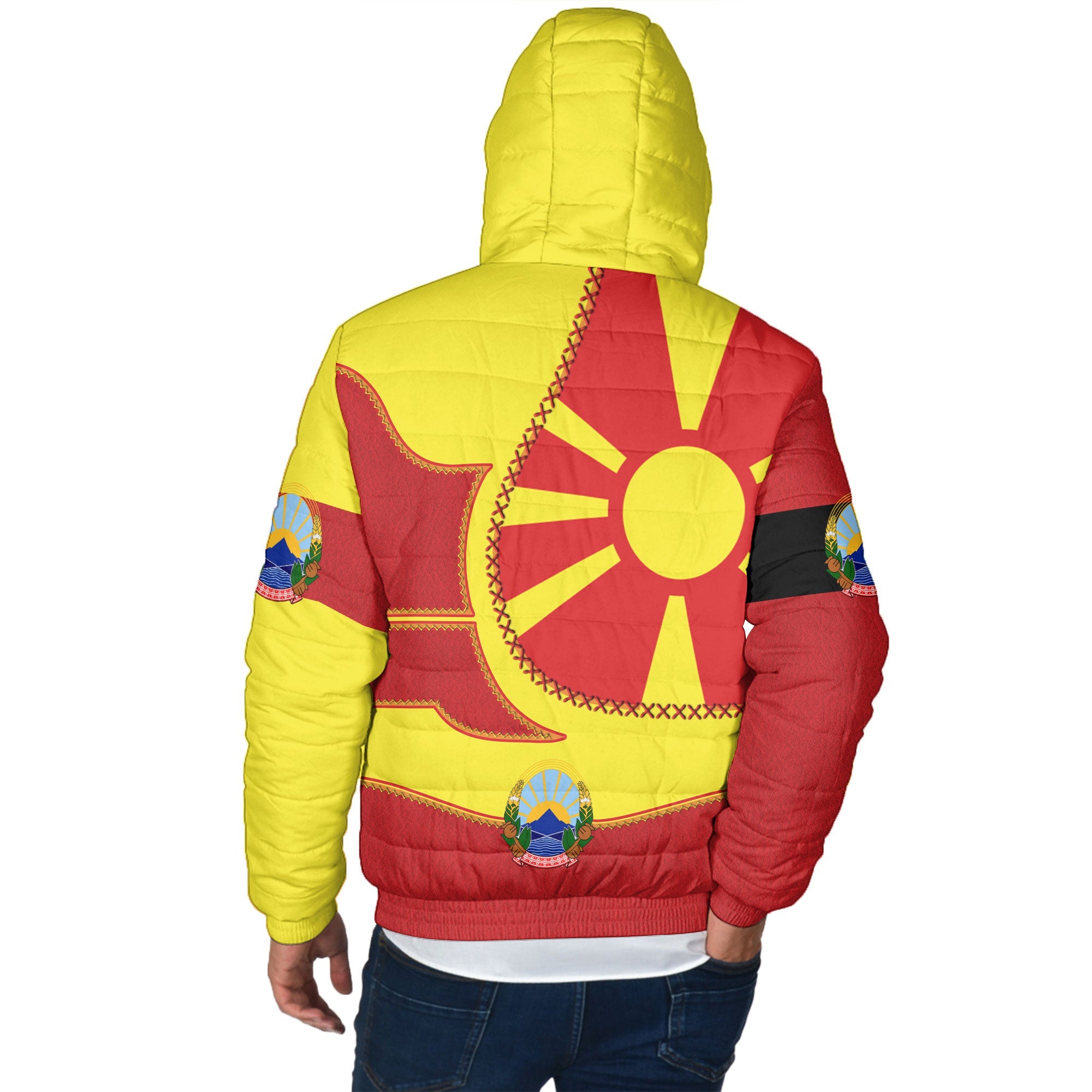 North Macedonia Men Hooded Padded Jacket Flag & Coat Of Arms Leather Style