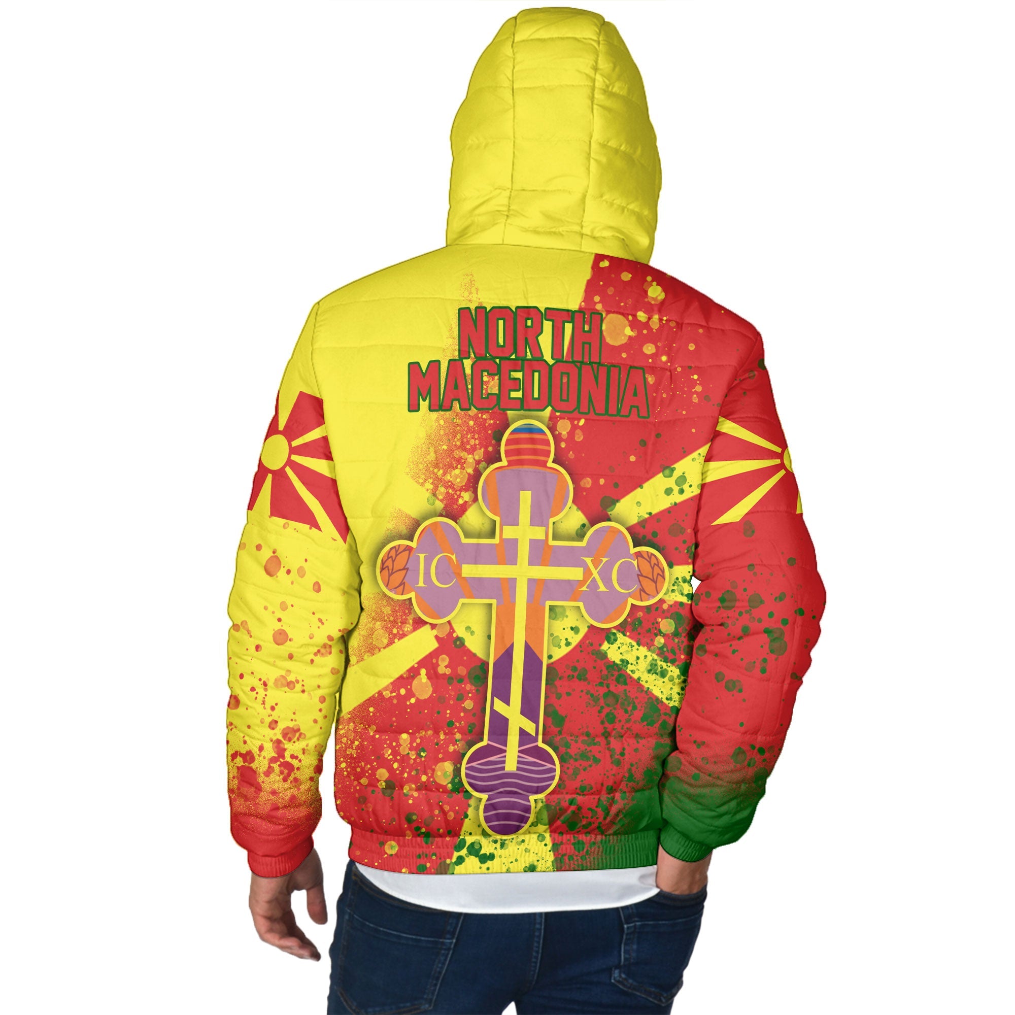 North Macedonia Men Hooded Padded Jacket Flag & Coat Of Arms Orthodox Style