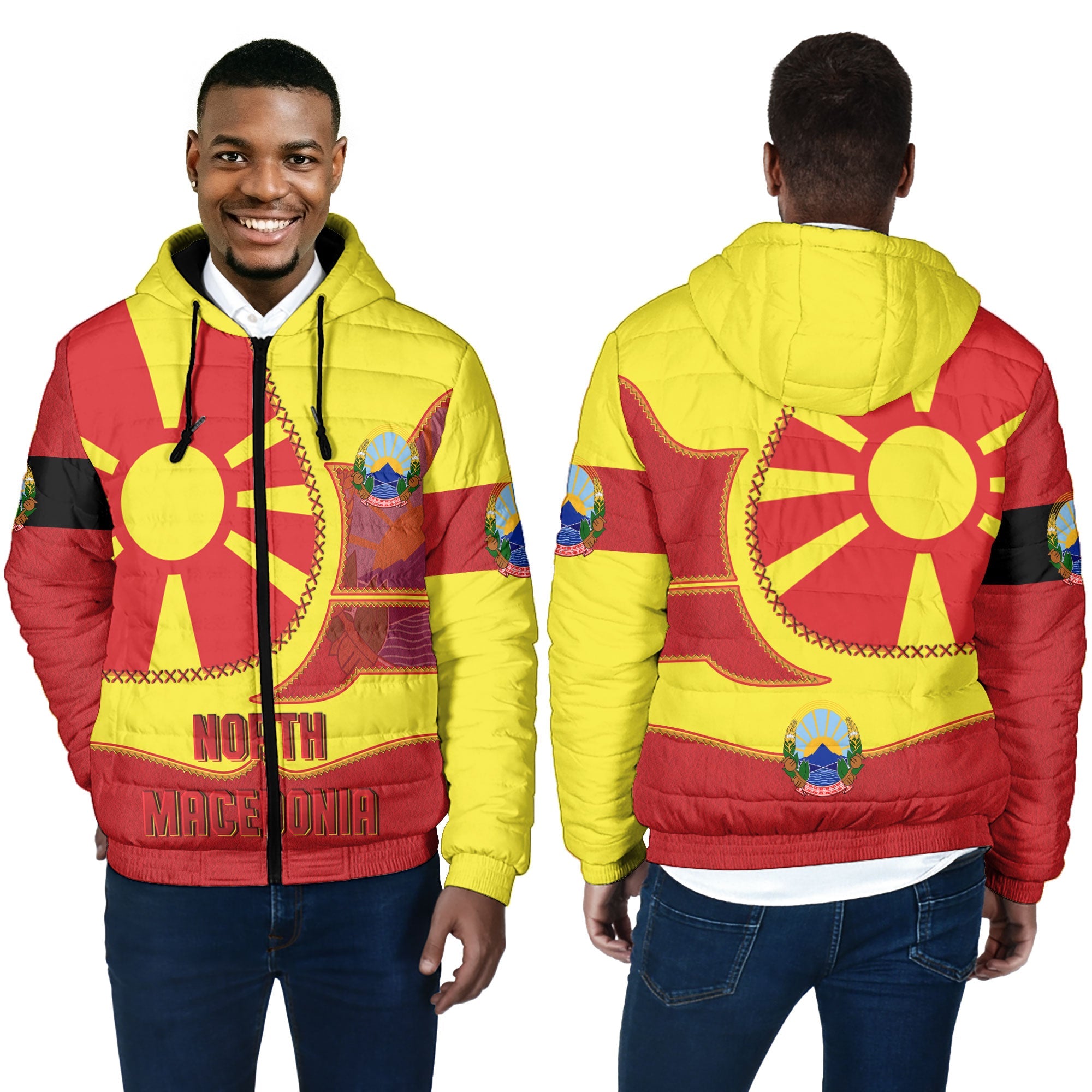 North Macedonia Men Hooded Padded Jacket Flag & Coat Of Arms Leather Style