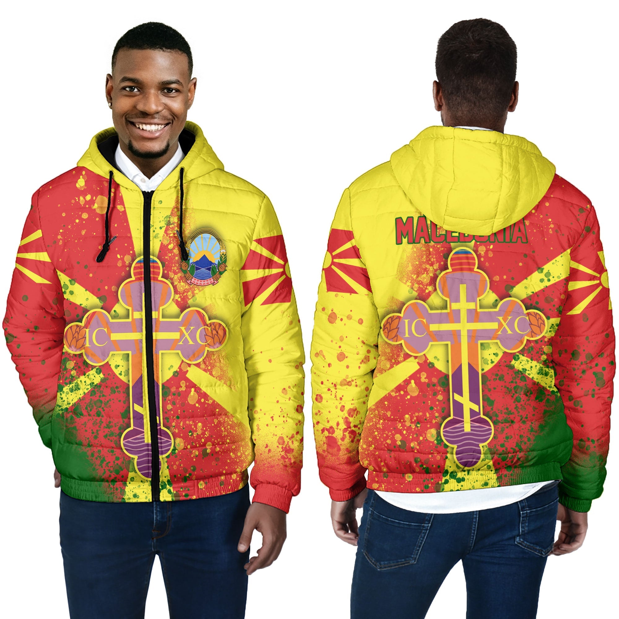 North Macedonia Men Hooded Padded Jacket Flag & Coat Of Arms Orthodox Style