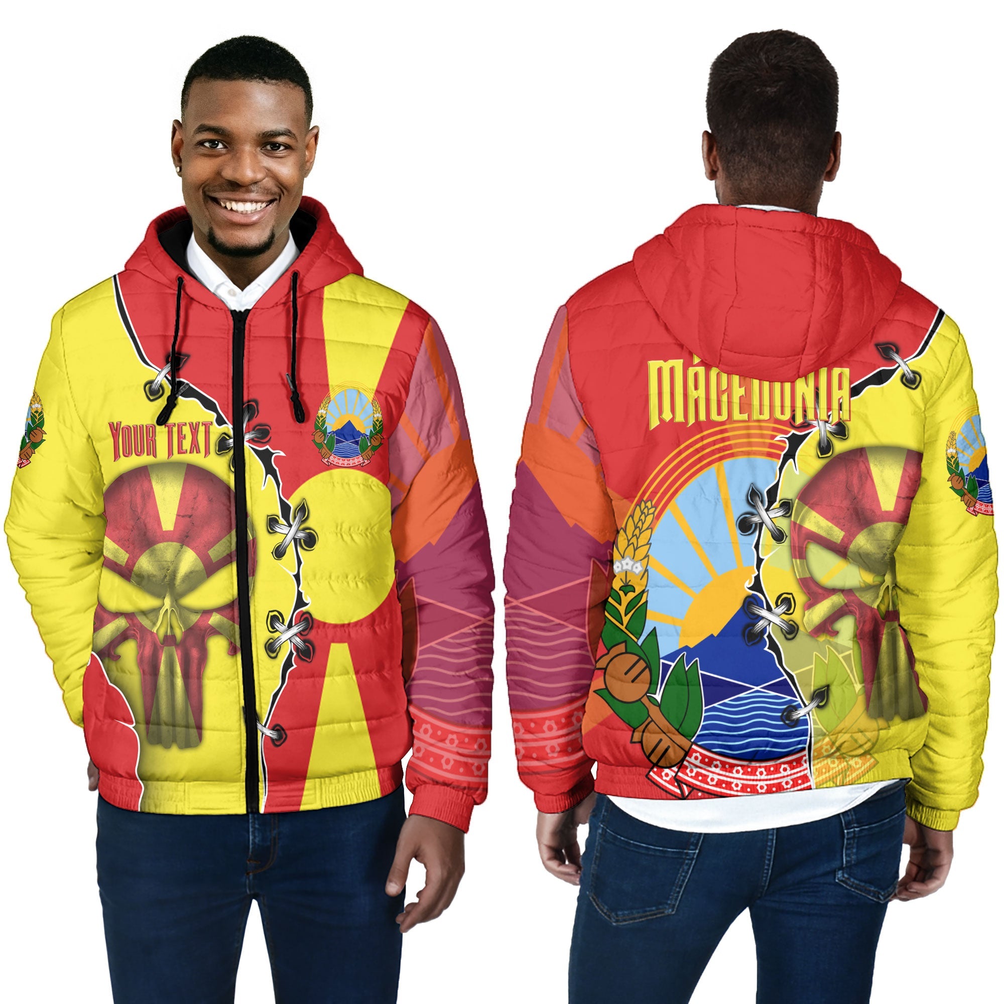 North Macedonia Men Hooded Padded Jacket Flag & Coat Of Arms Skull Style