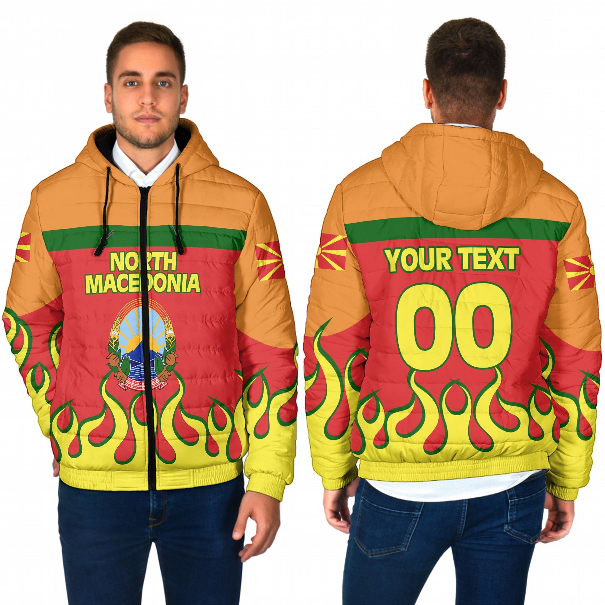 North Macedonia Men Hooded Padded Jacket Flag & Coat Of Arms Fire Hockey Style