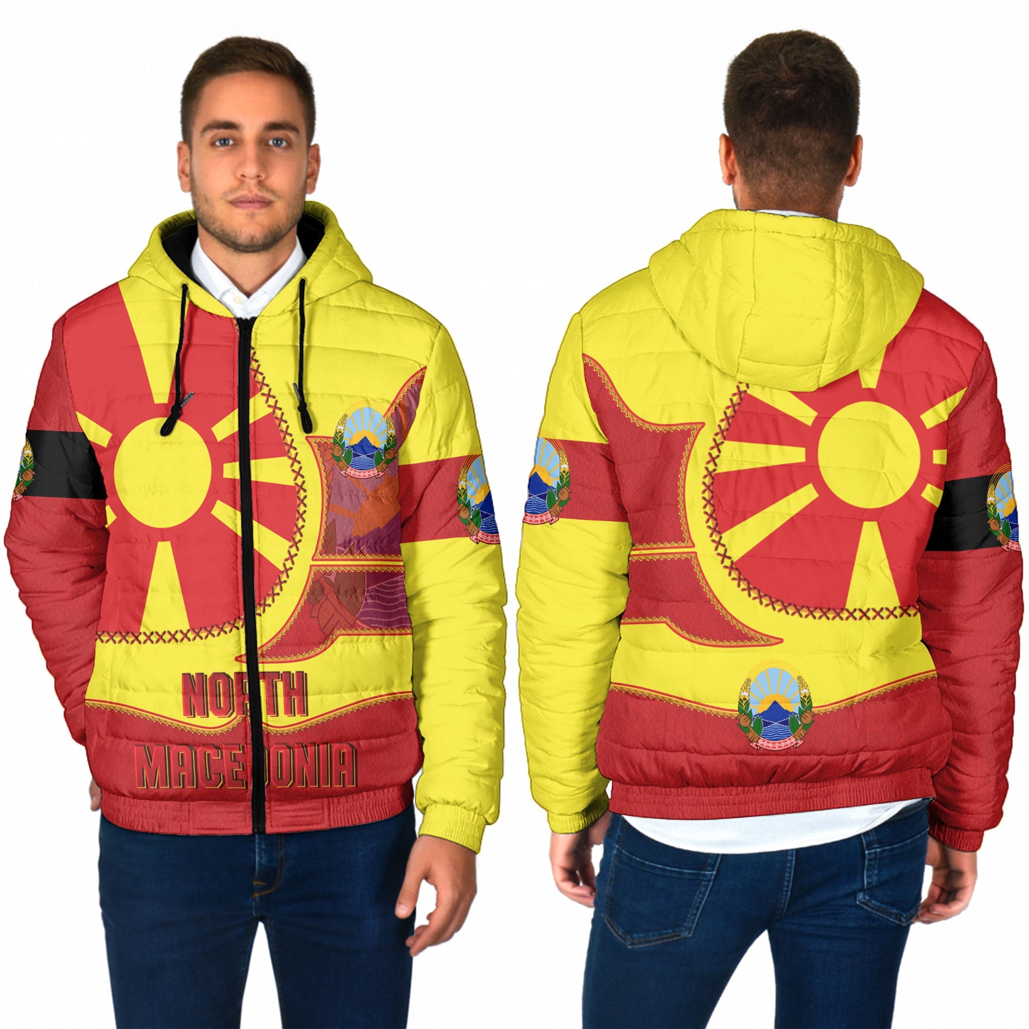 North Macedonia Men Hooded Padded Jacket Flag & Coat Of Arms Leather Style