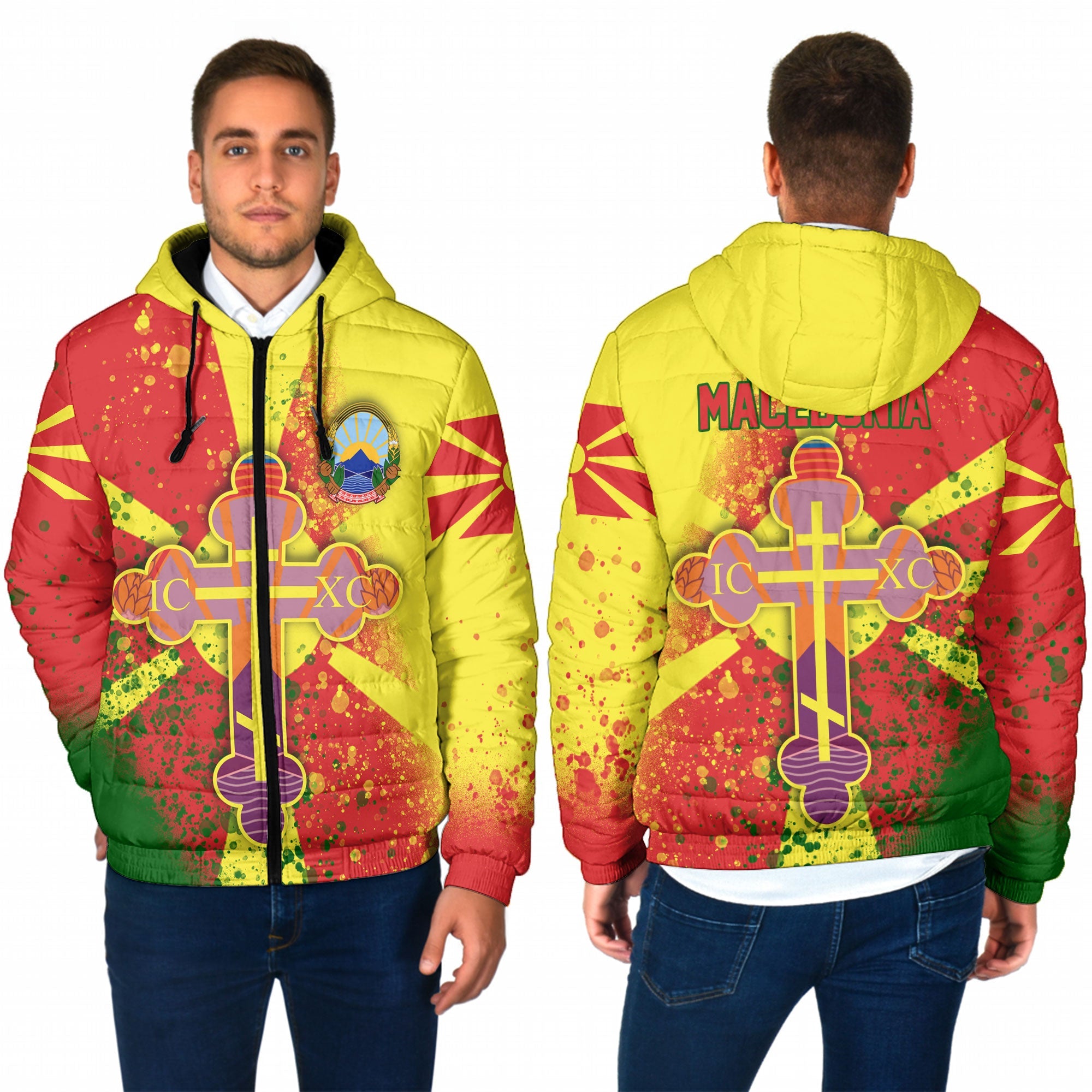 North Macedonia Men Hooded Padded Jacket Flag & Coat Of Arms Orthodox Style