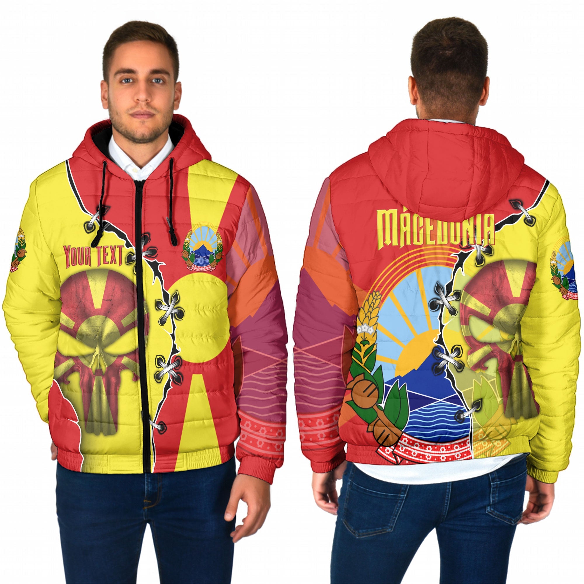 North Macedonia Men Hooded Padded Jacket Flag & Coat Of Arms Skull Style