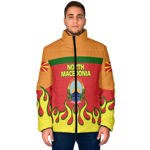 North Macedonia Men Padded Jacket Flag & Coat Of Arms Fire Hockey Style