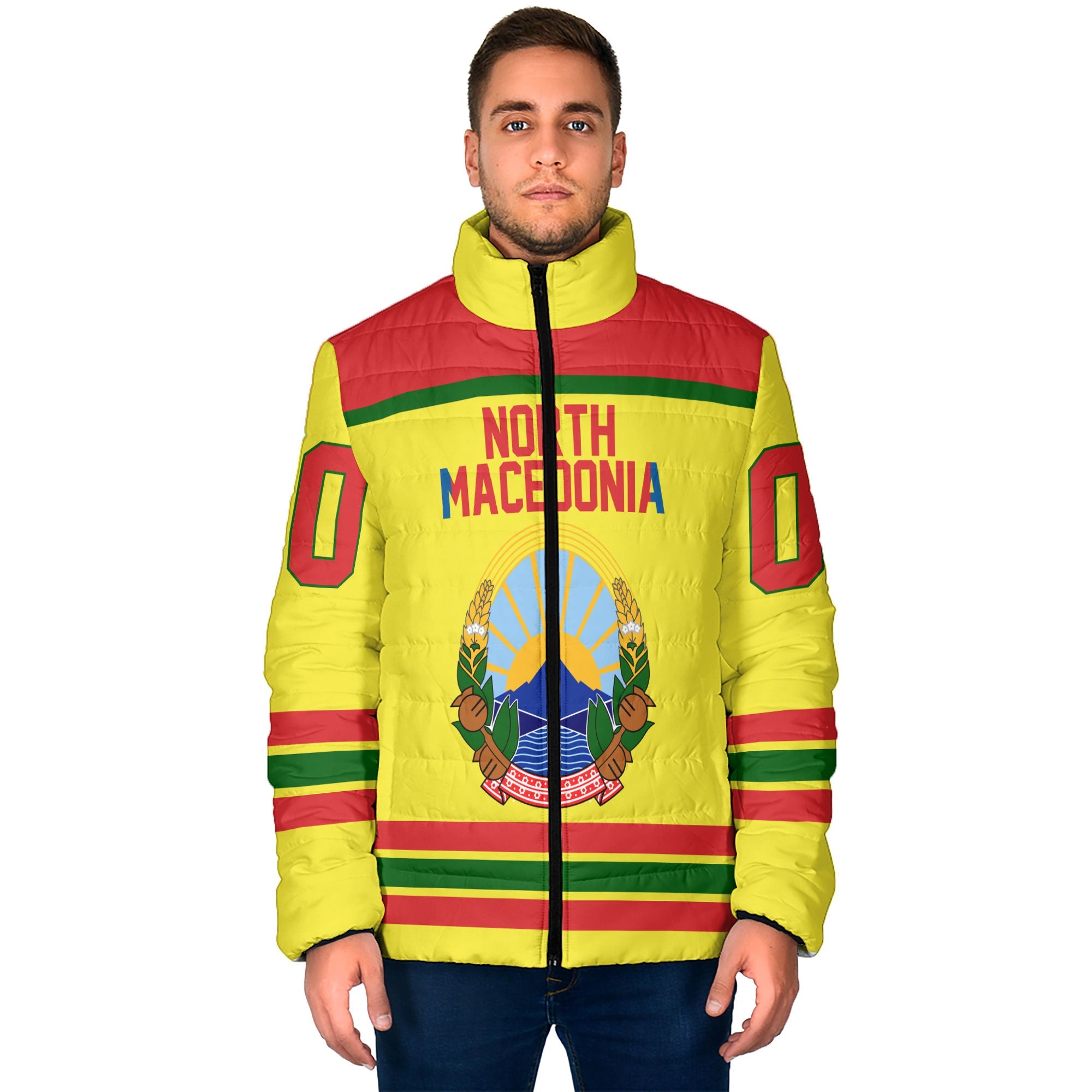 North Macedonia Men Padded Jacket Flag & Coat Of Arms Hockey Style