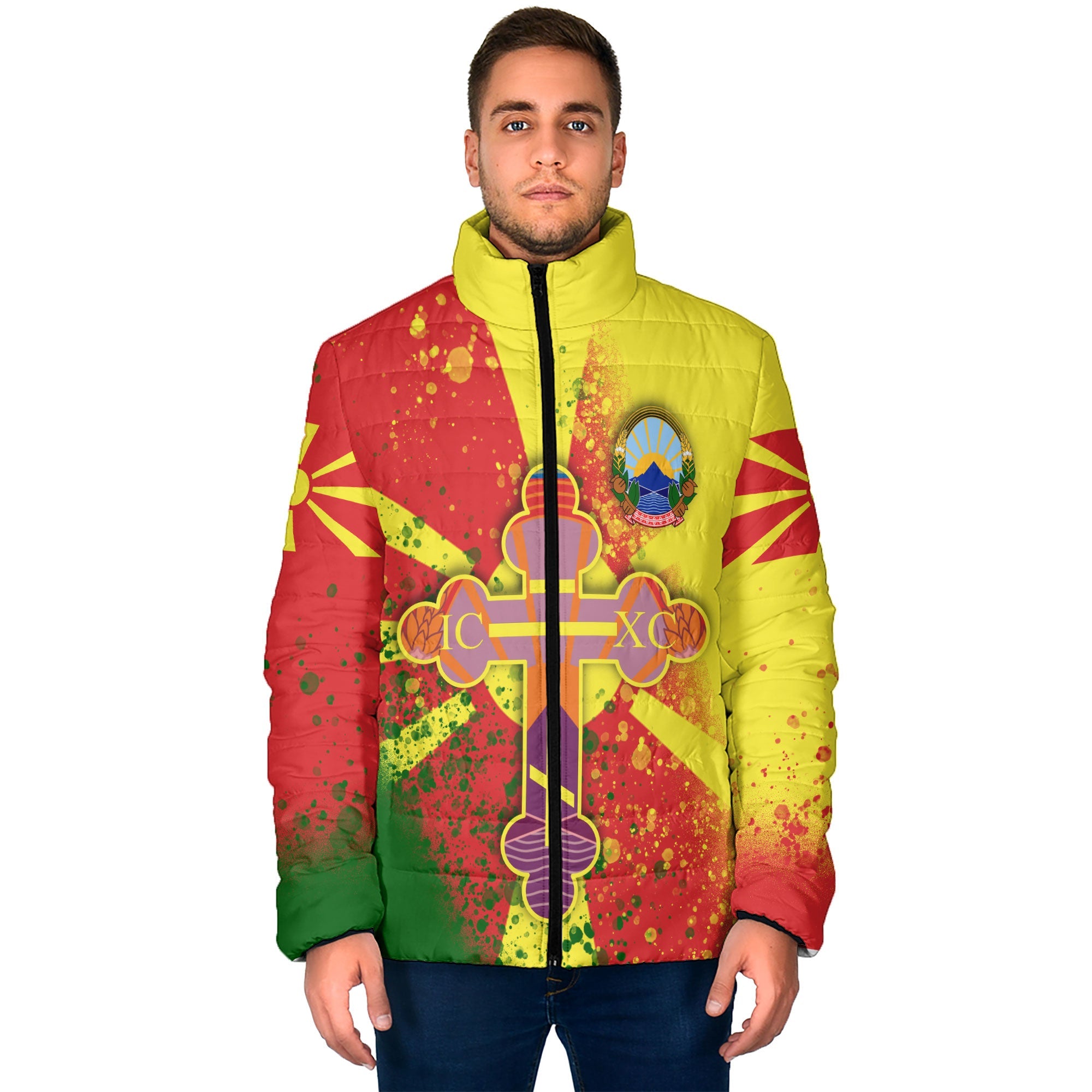 North Macedonia Men Padded Jacket Flag & Coat Of Arms Orthodox Style