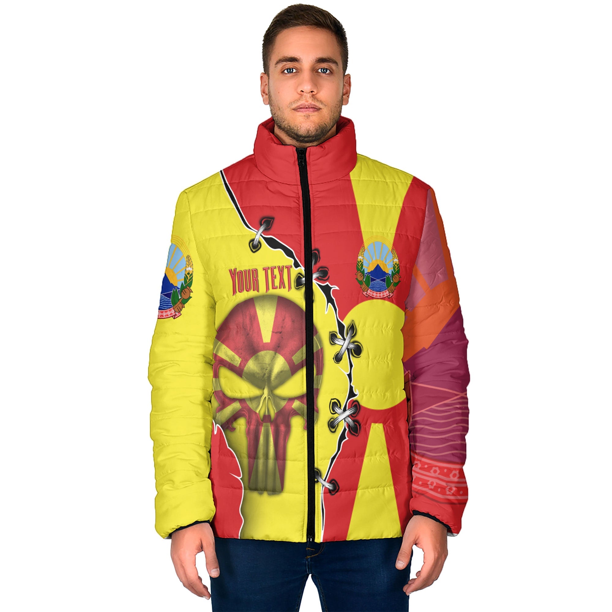 North Macedonia Men Padded Jacket Flag & Coat Of Arms Skull Style