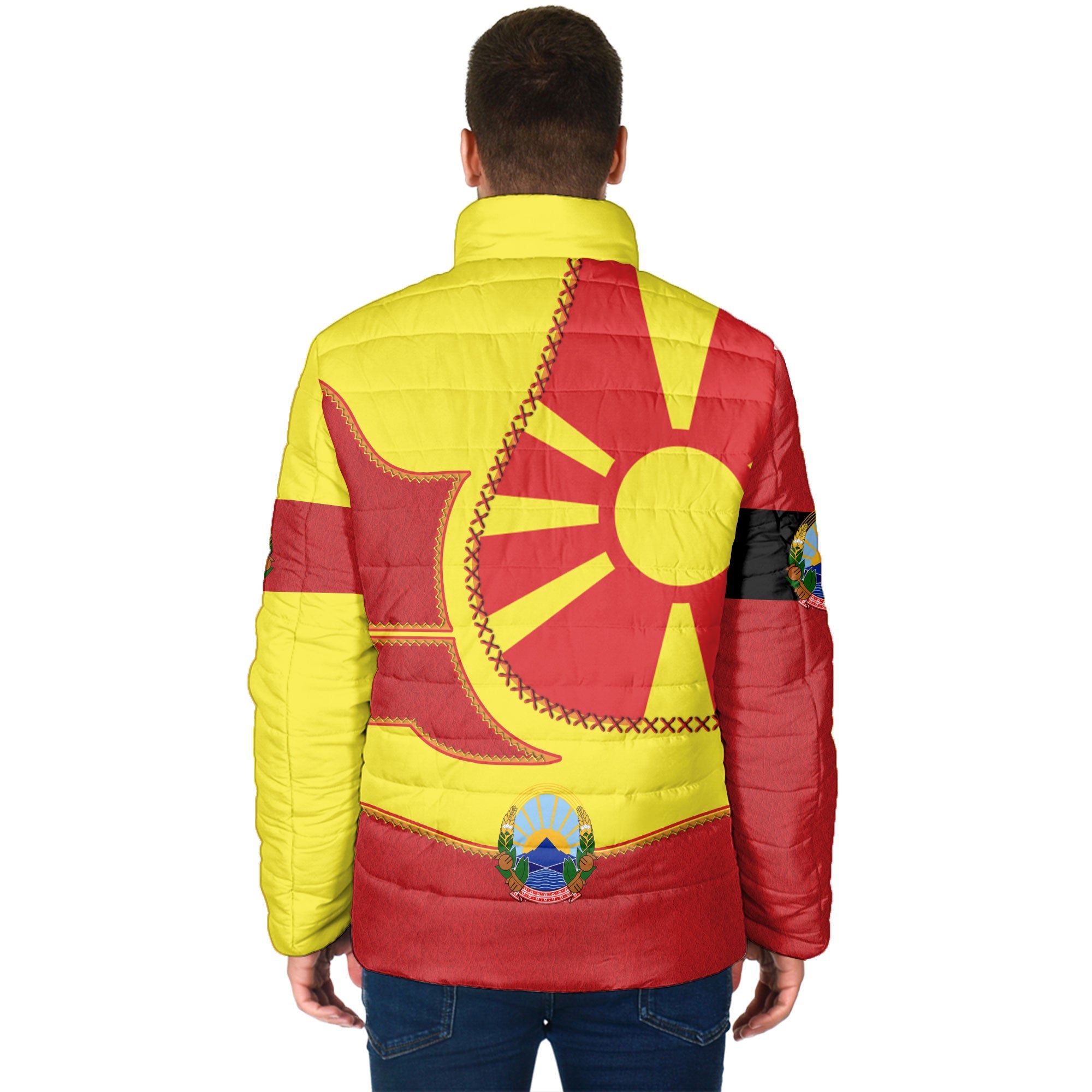 North Macedonia Men Padded Jacket Flag & Coat Of Arms Leather Style