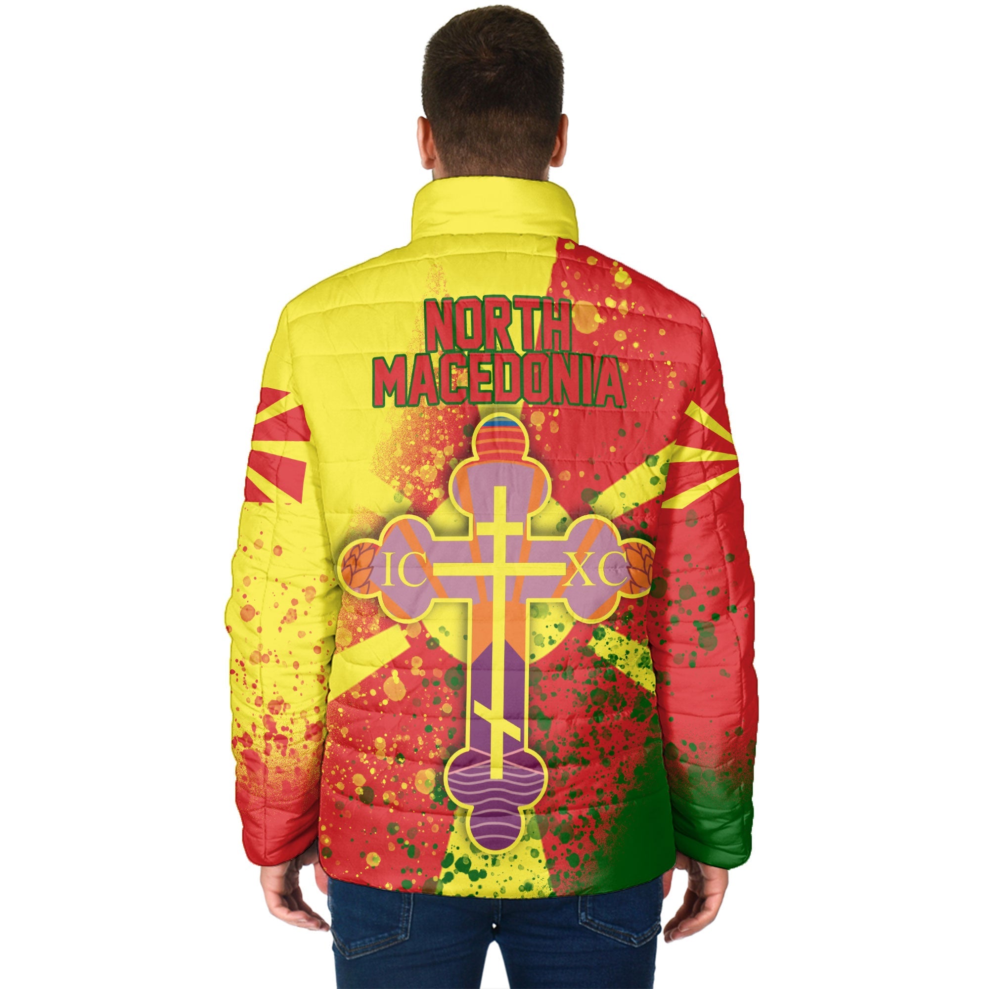 North Macedonia Men Padded Jacket Flag & Coat Of Arms Orthodox Style