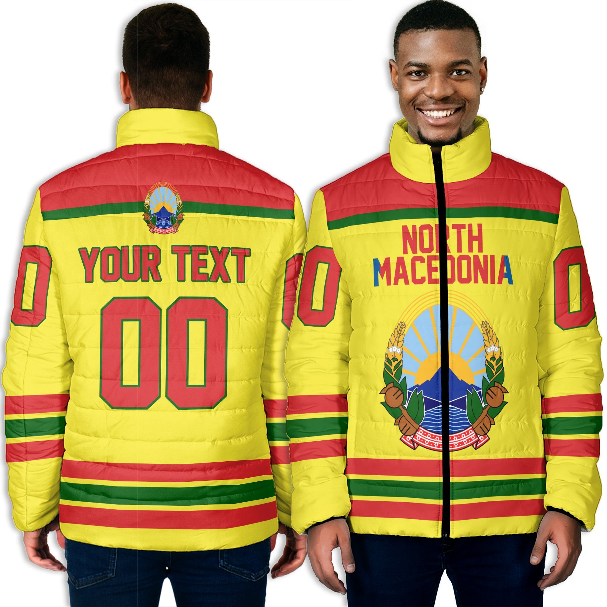 North Macedonia Men Padded Jacket Flag & Coat Of Arms Hockey Style