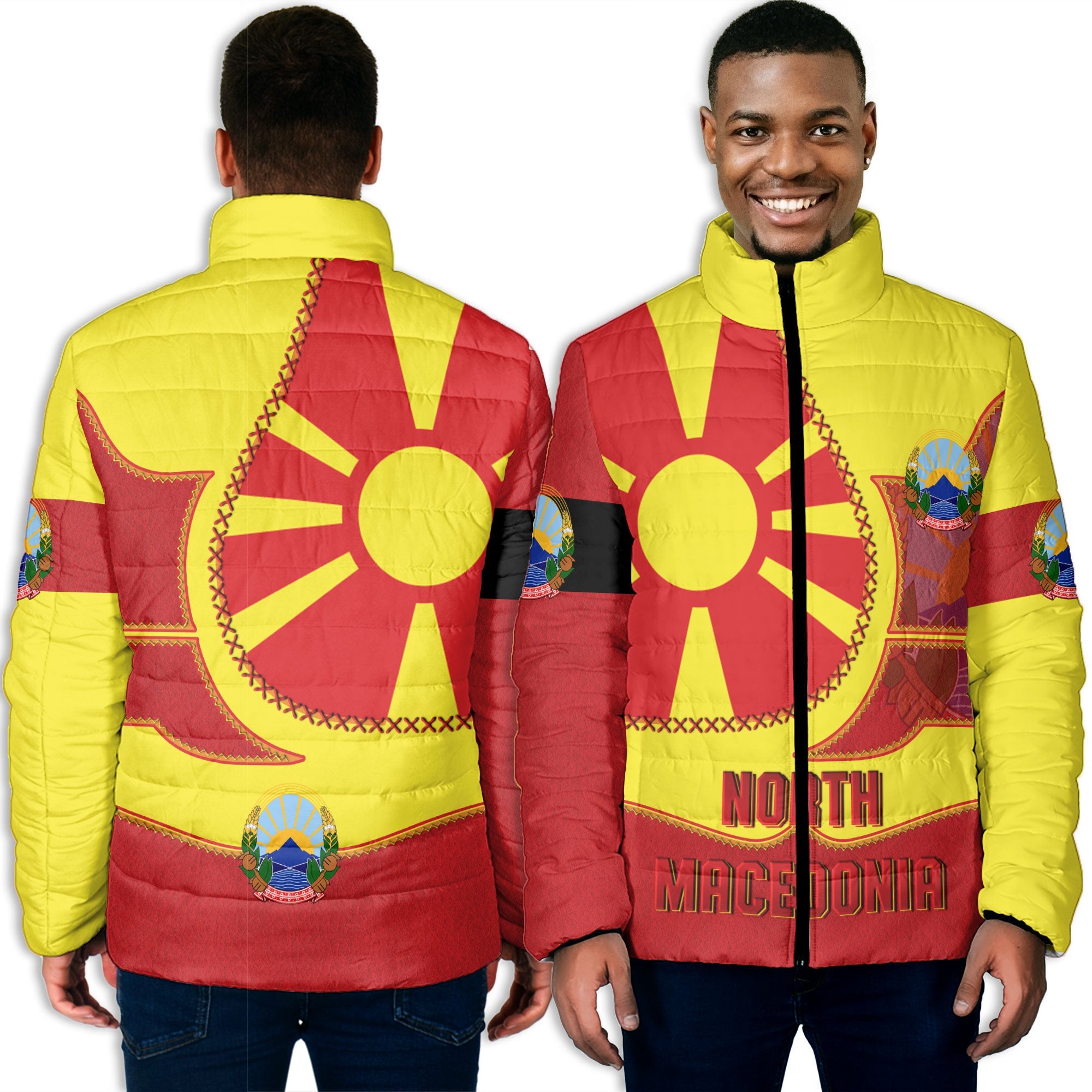 North Macedonia Men Padded Jacket Flag & Coat Of Arms Leather Style