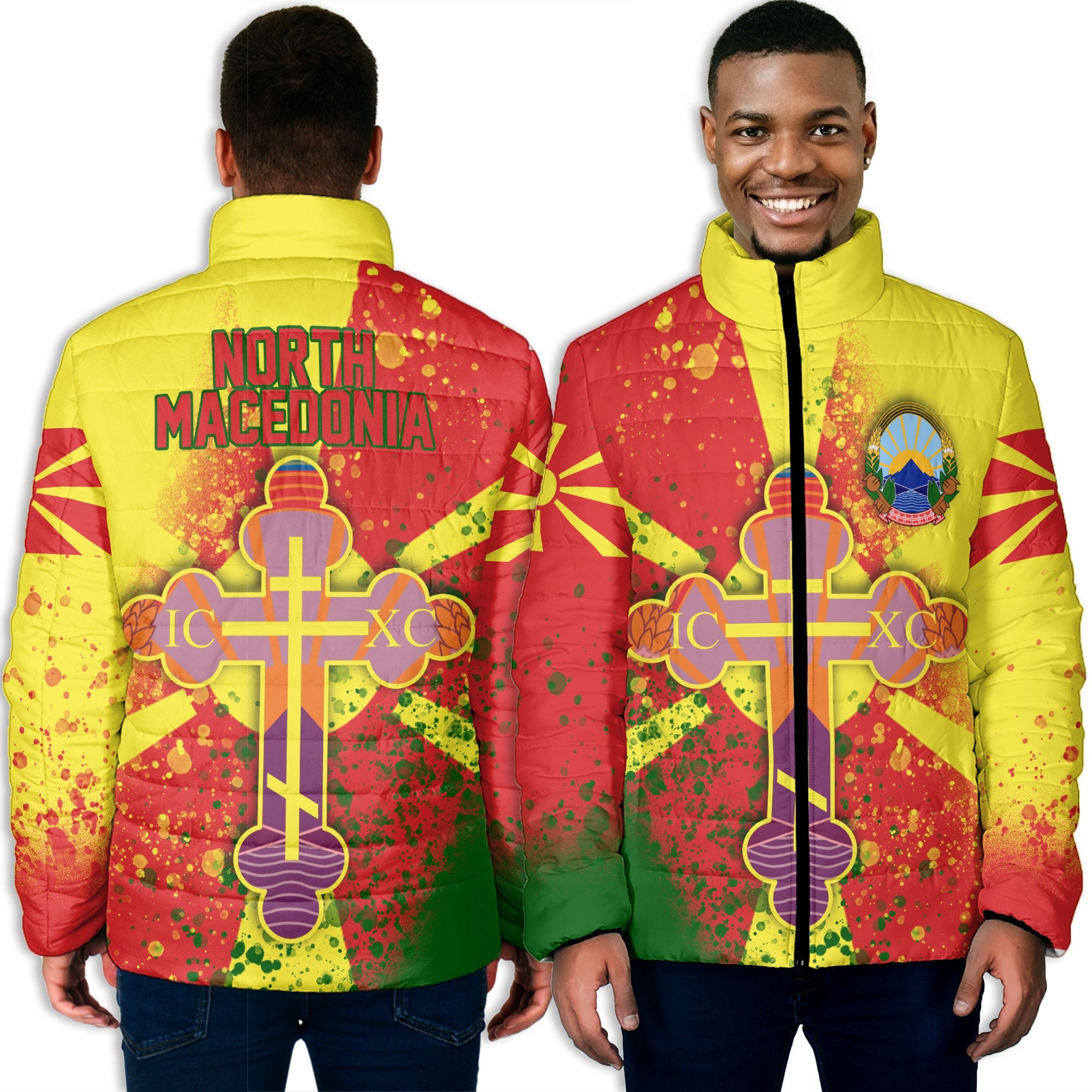 North Macedonia Men Padded Jacket Flag & Coat Of Arms Orthodox Style