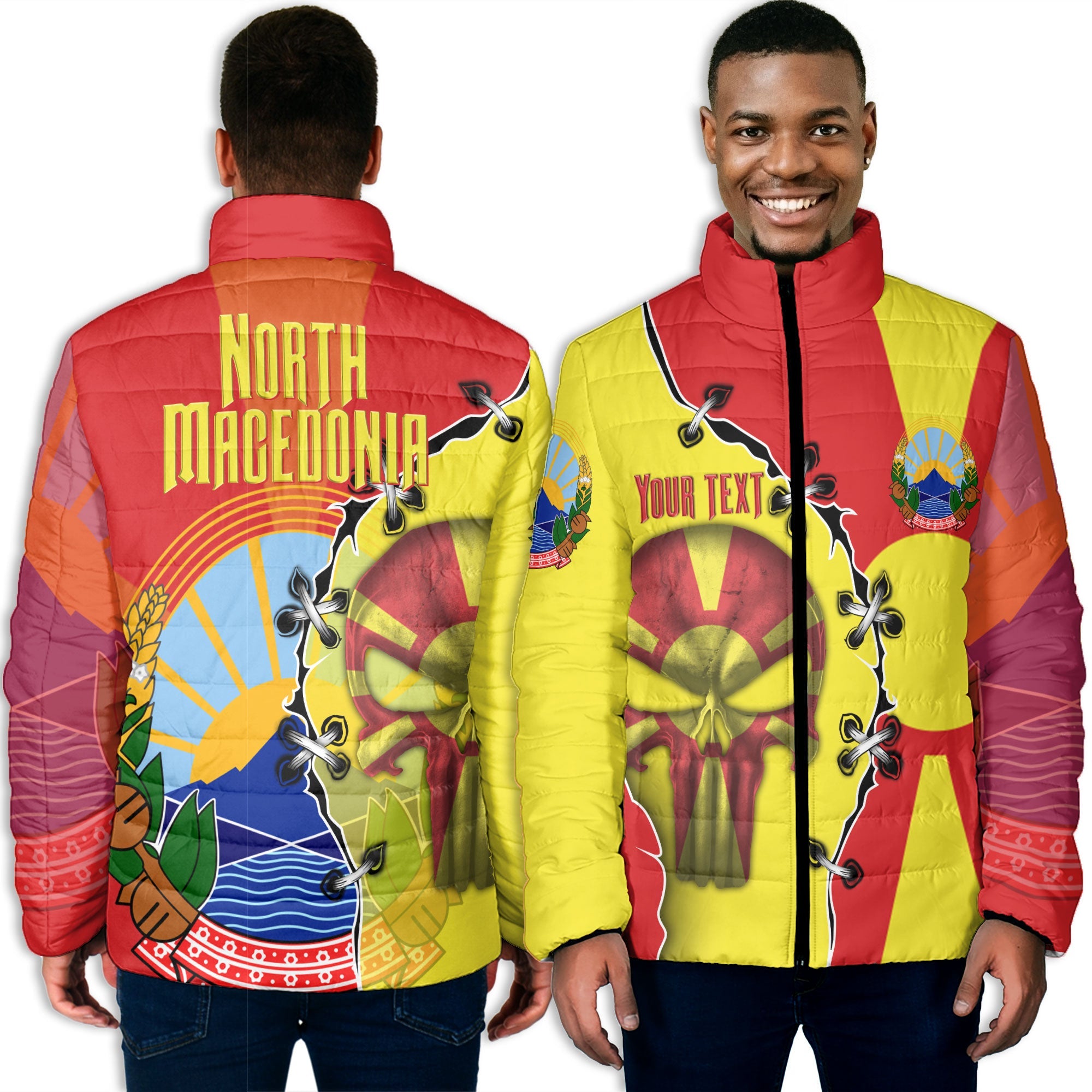 North Macedonia Men Padded Jacket Flag & Coat Of Arms Skull Style