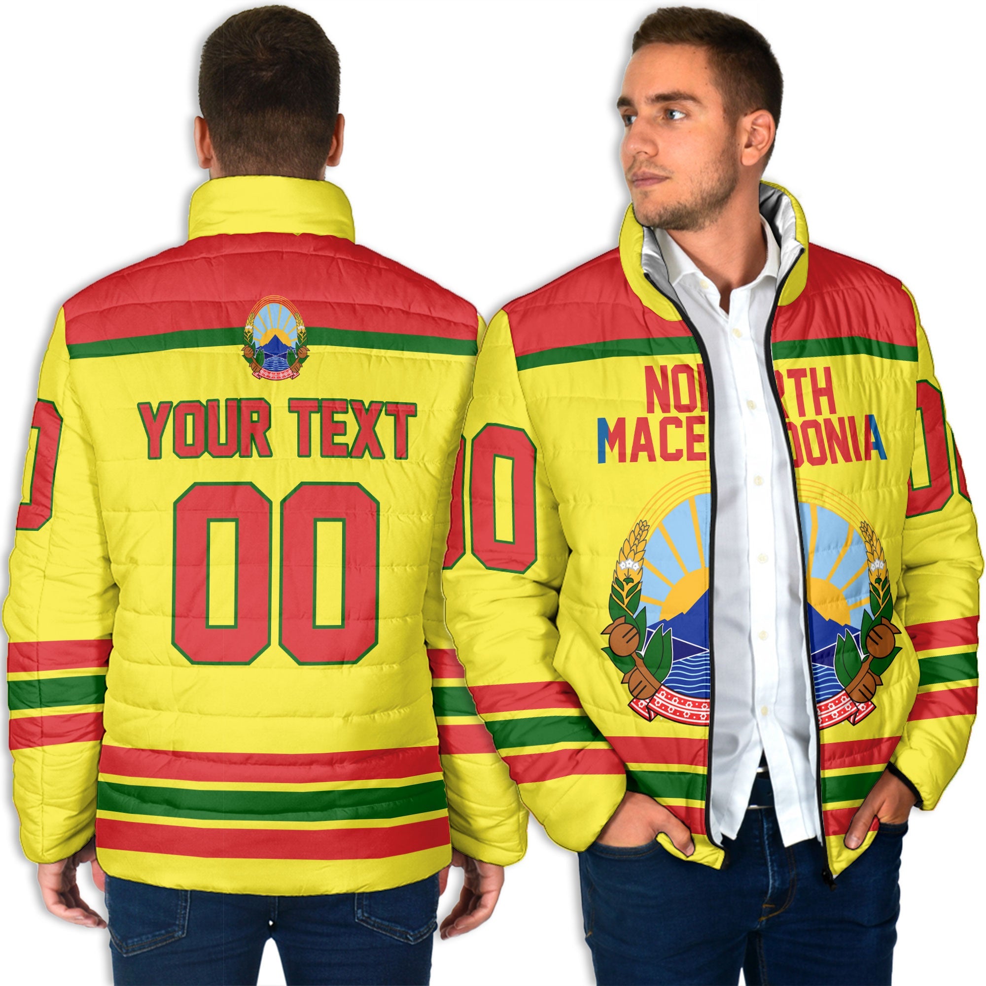 North Macedonia Men Padded Jacket Flag & Coat Of Arms Hockey Style