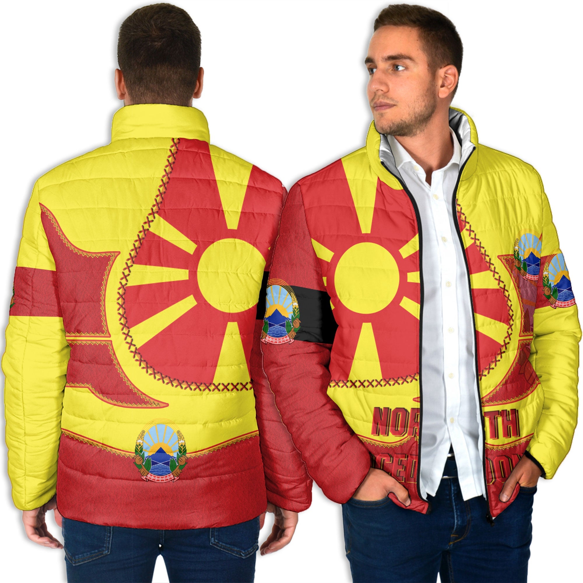 North Macedonia Men Padded Jacket Flag & Coat Of Arms Leather Style