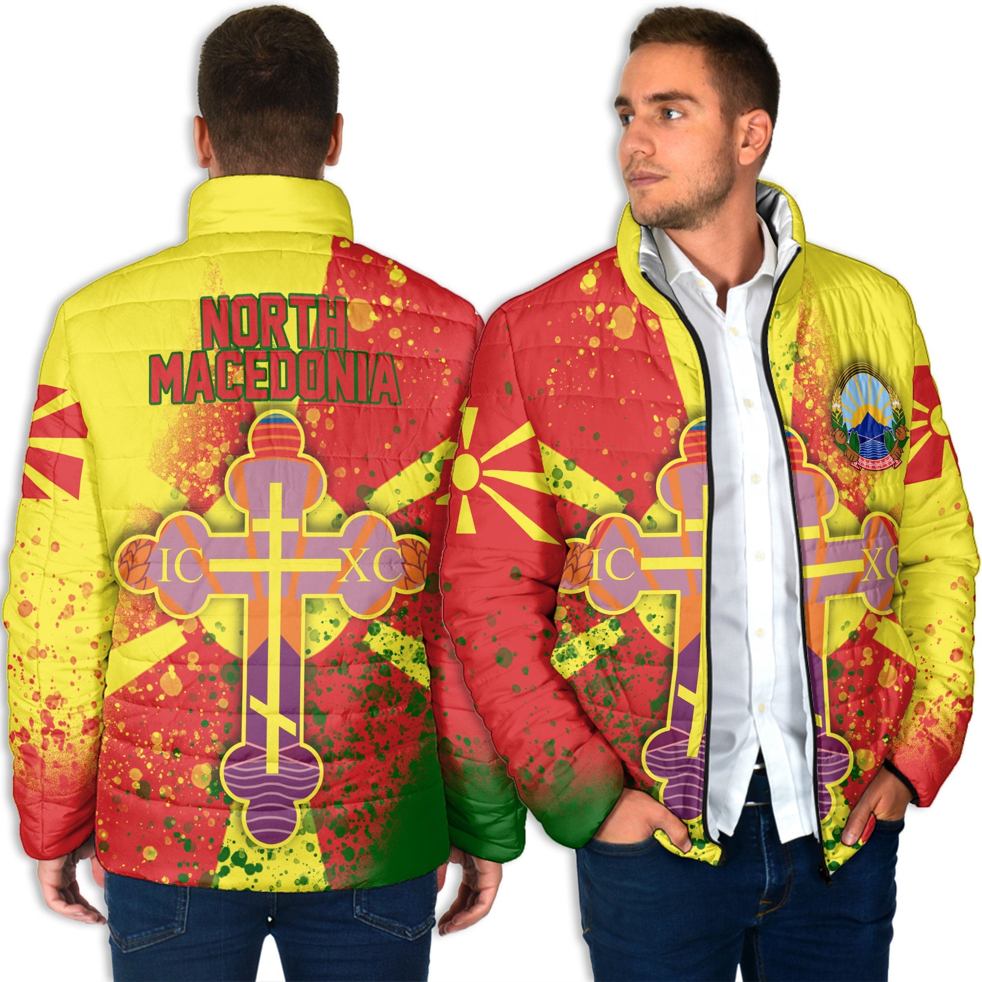 North Macedonia Men Padded Jacket Flag & Coat Of Arms Orthodox Style