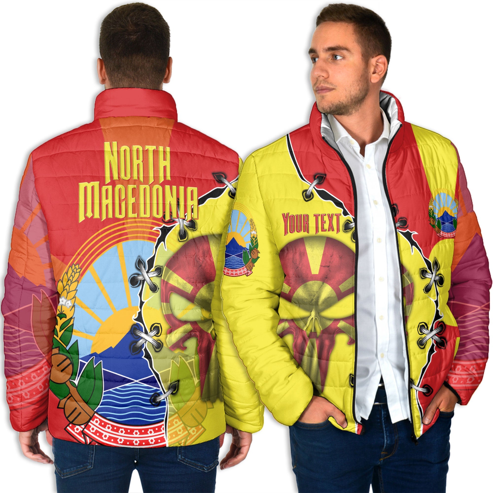 North Macedonia Men Padded Jacket Flag & Coat Of Arms Skull Style