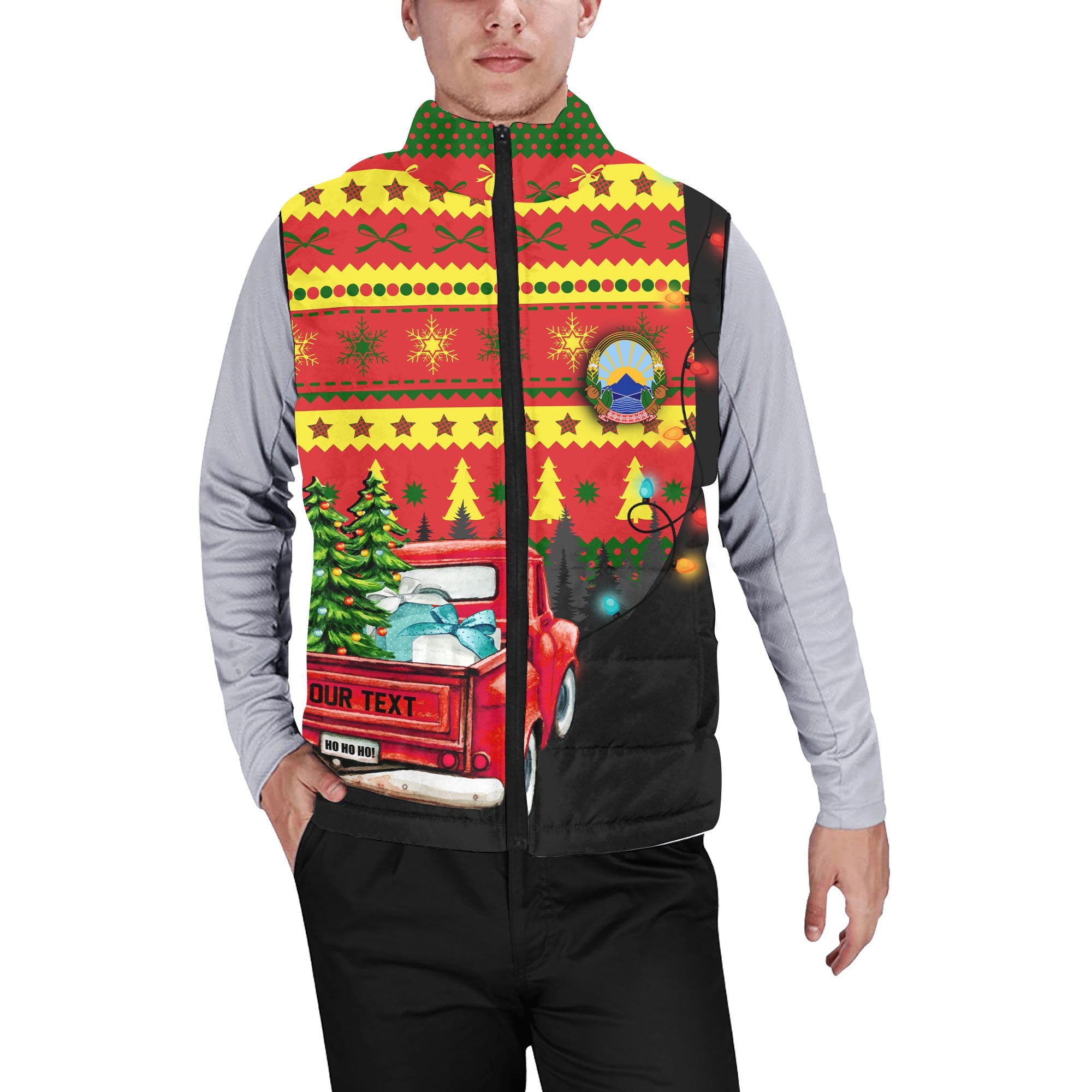 North Macedonia Men Padded Jacket Vest Coat Of Arms Christmas Style