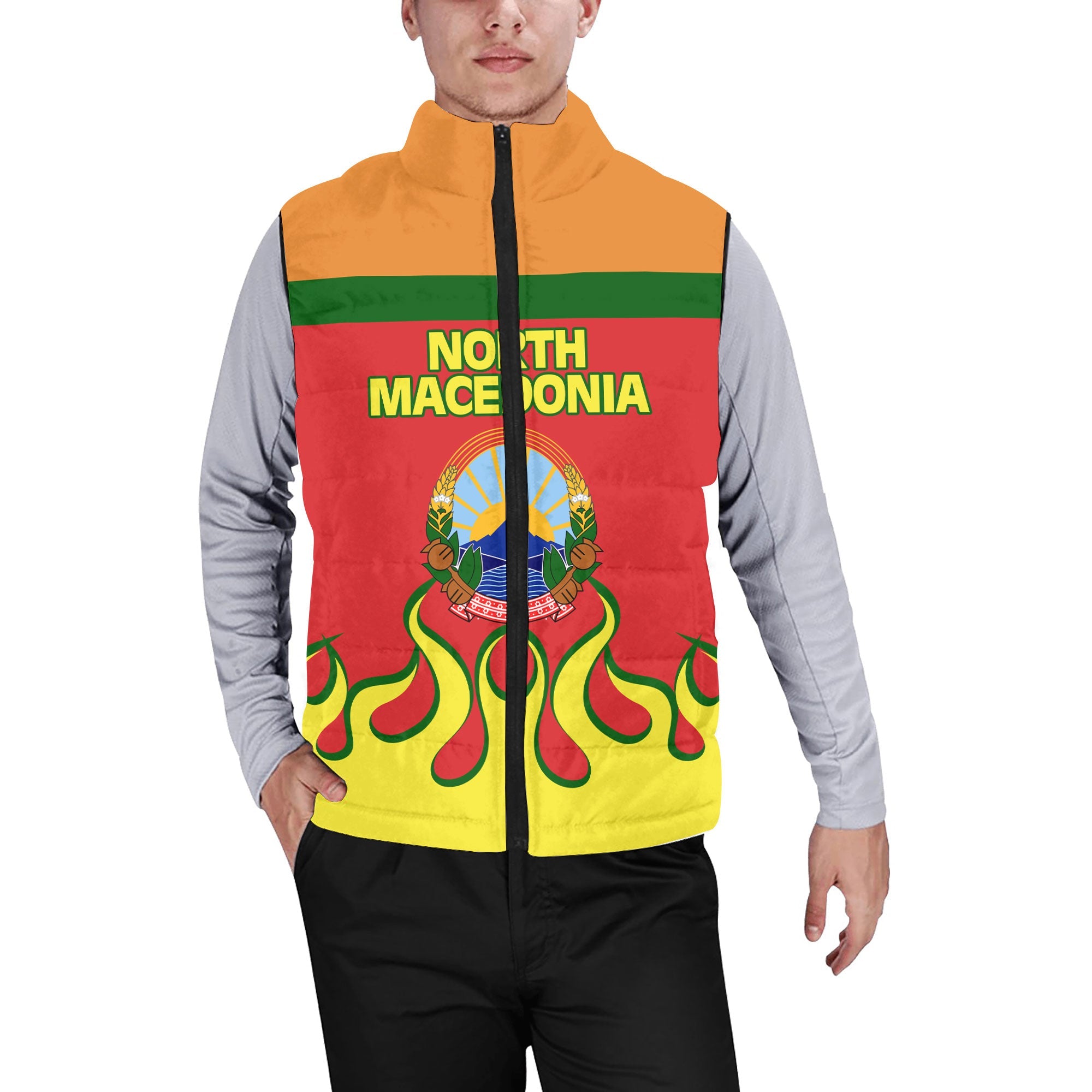 North Macedonia Men Padded Jacket Vest Flag & Coat Of Arms Fire Hockey Style