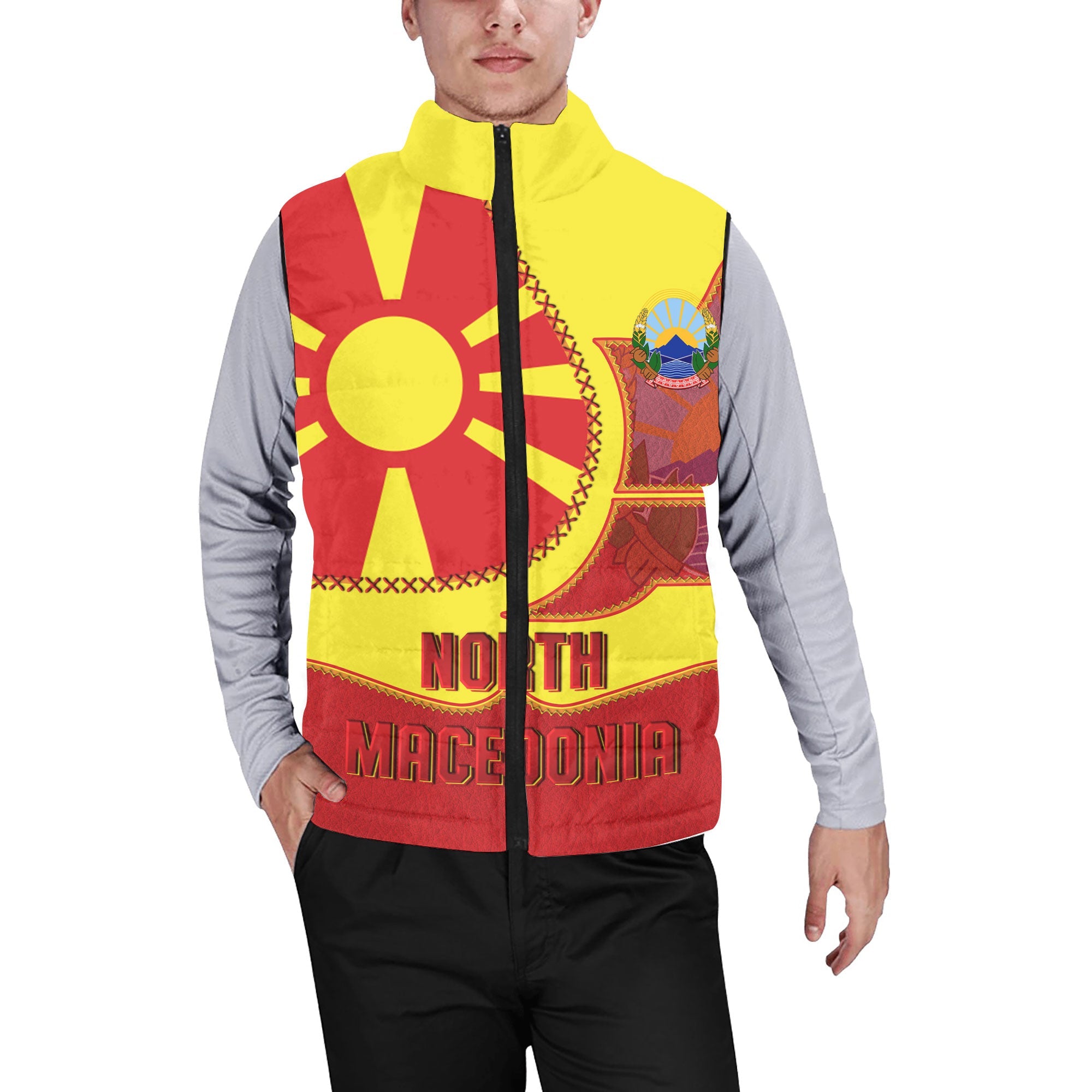 North Macedonia Men Padded Jacket Vest Flag & Coat Of Arms Leather Style