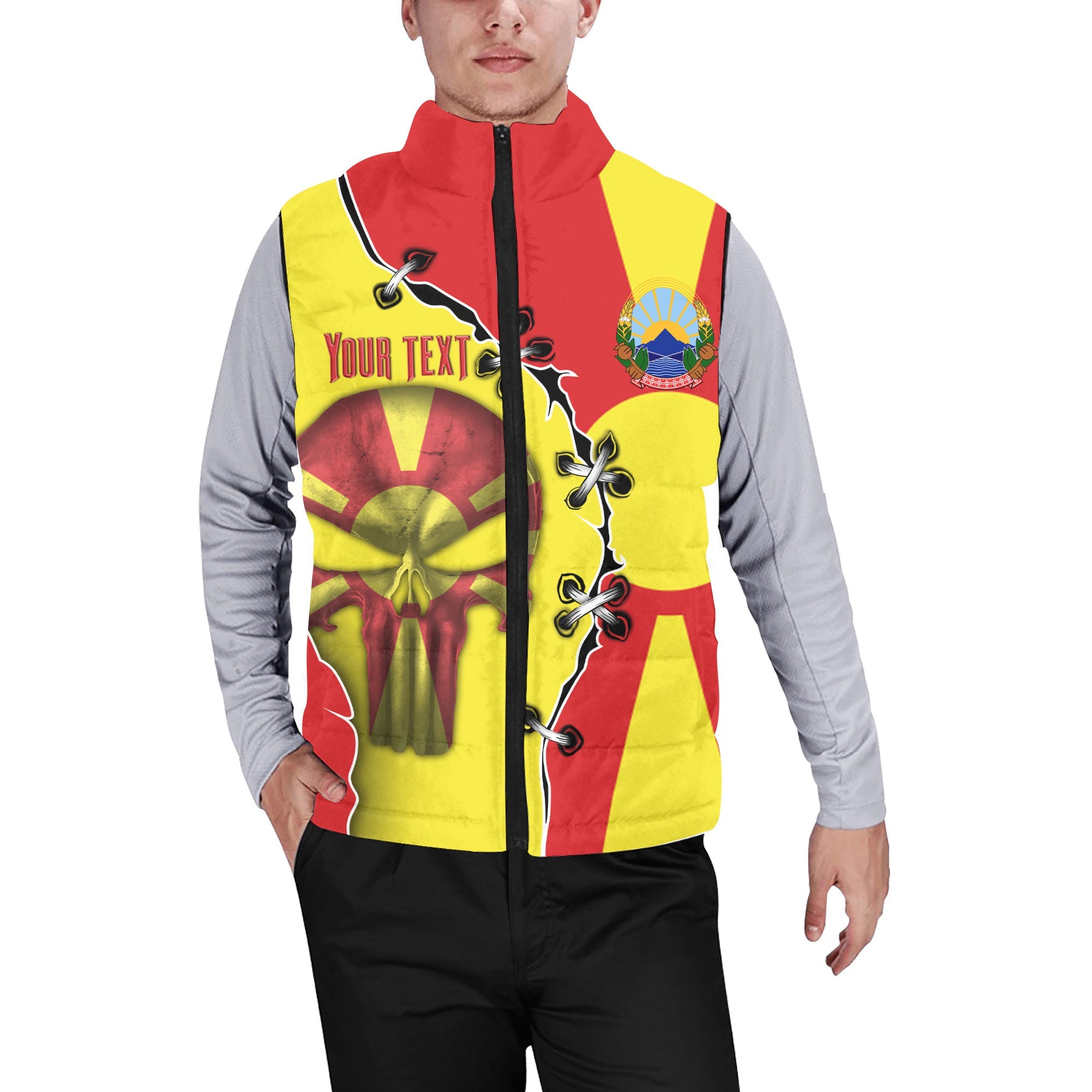 North Macedonia Men Padded Jacket Vest Flag & Coat Of Arms Skull Style