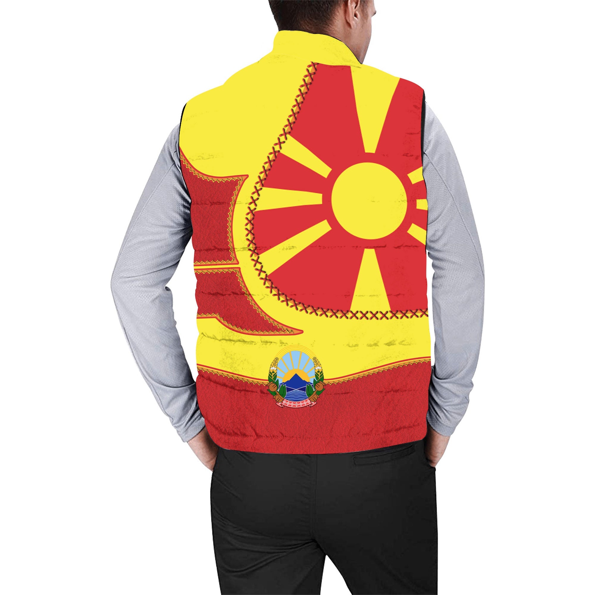 North Macedonia Men Padded Jacket Vest Flag & Coat Of Arms Leather Style