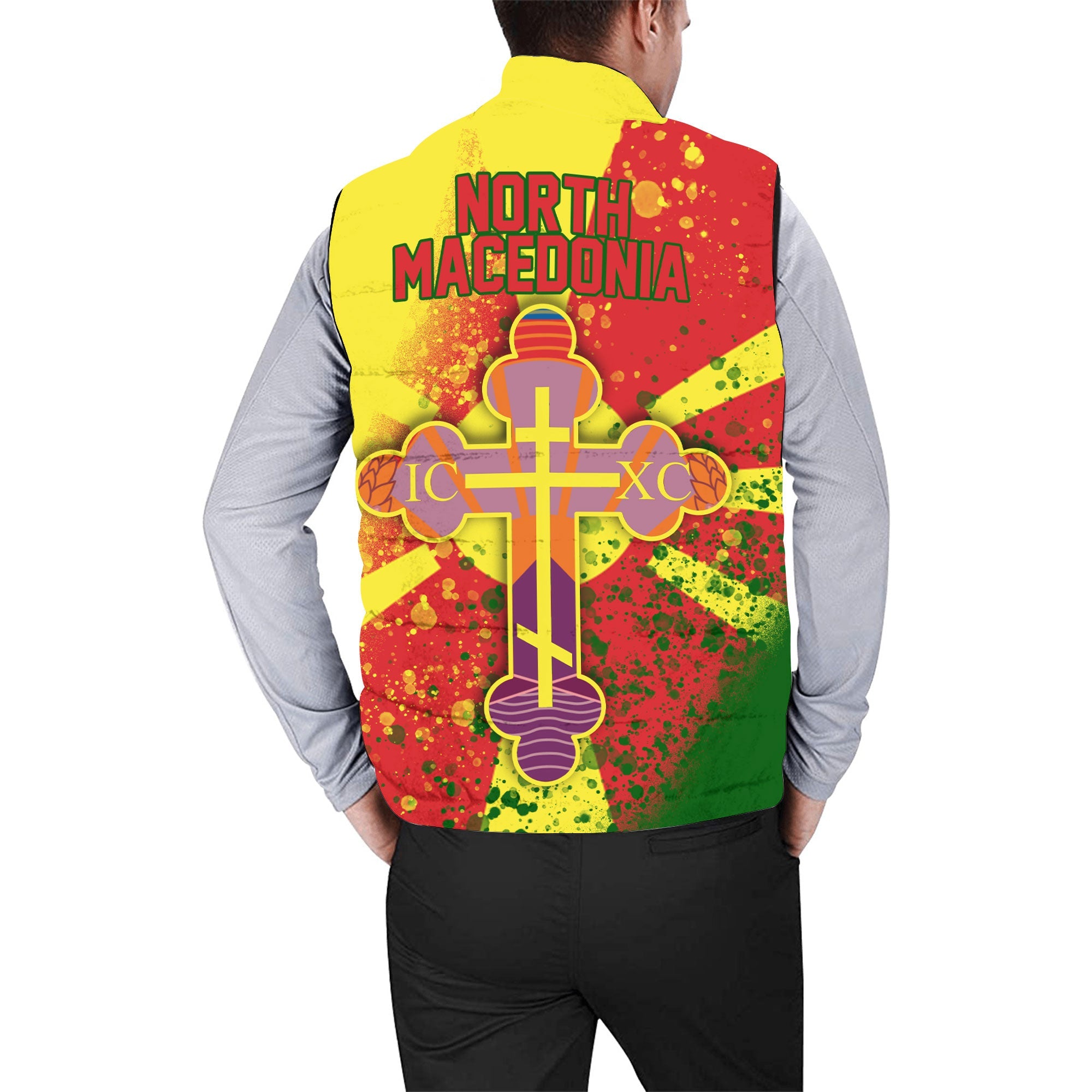 North Macedonia Men Padded Jacket Vest Flag & Coat Of Arms Orthodox Style