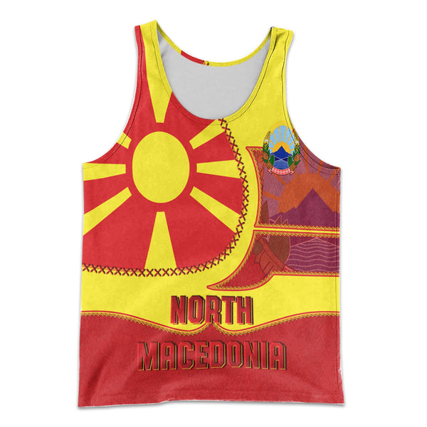 North Macedonia Men Tank Top Flag & Coat Of Arms Leather Style