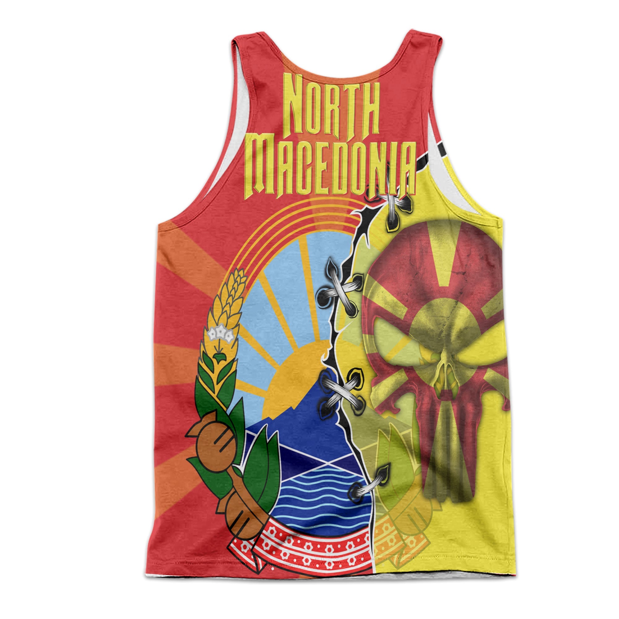 North Macedonia Men Tank Top Flag & Coat Of Arms Skull Style