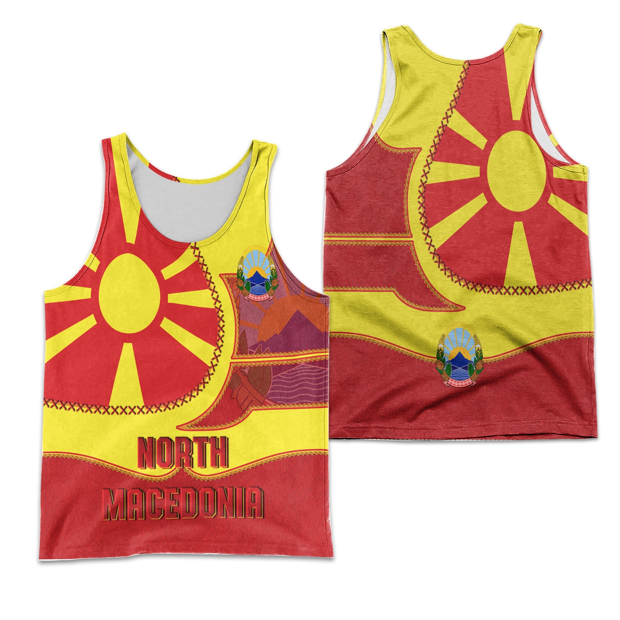 North Macedonia Men Tank Top Flag & Coat Of Arms Leather Style