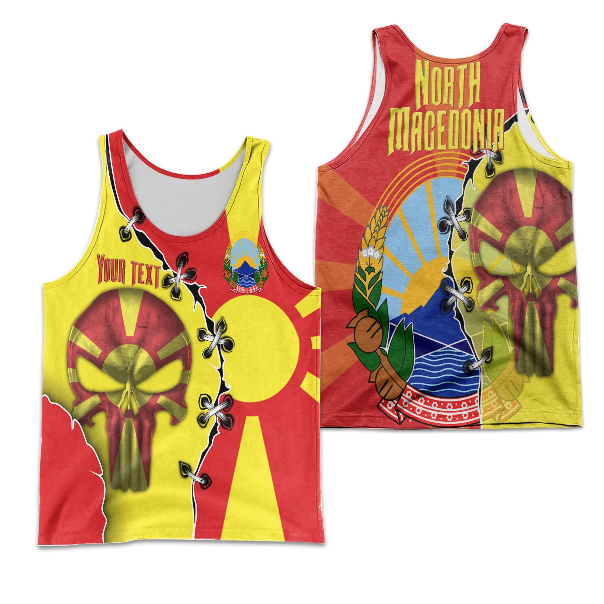 North Macedonia Men Tank Top Flag & Coat Of Arms Skull Style