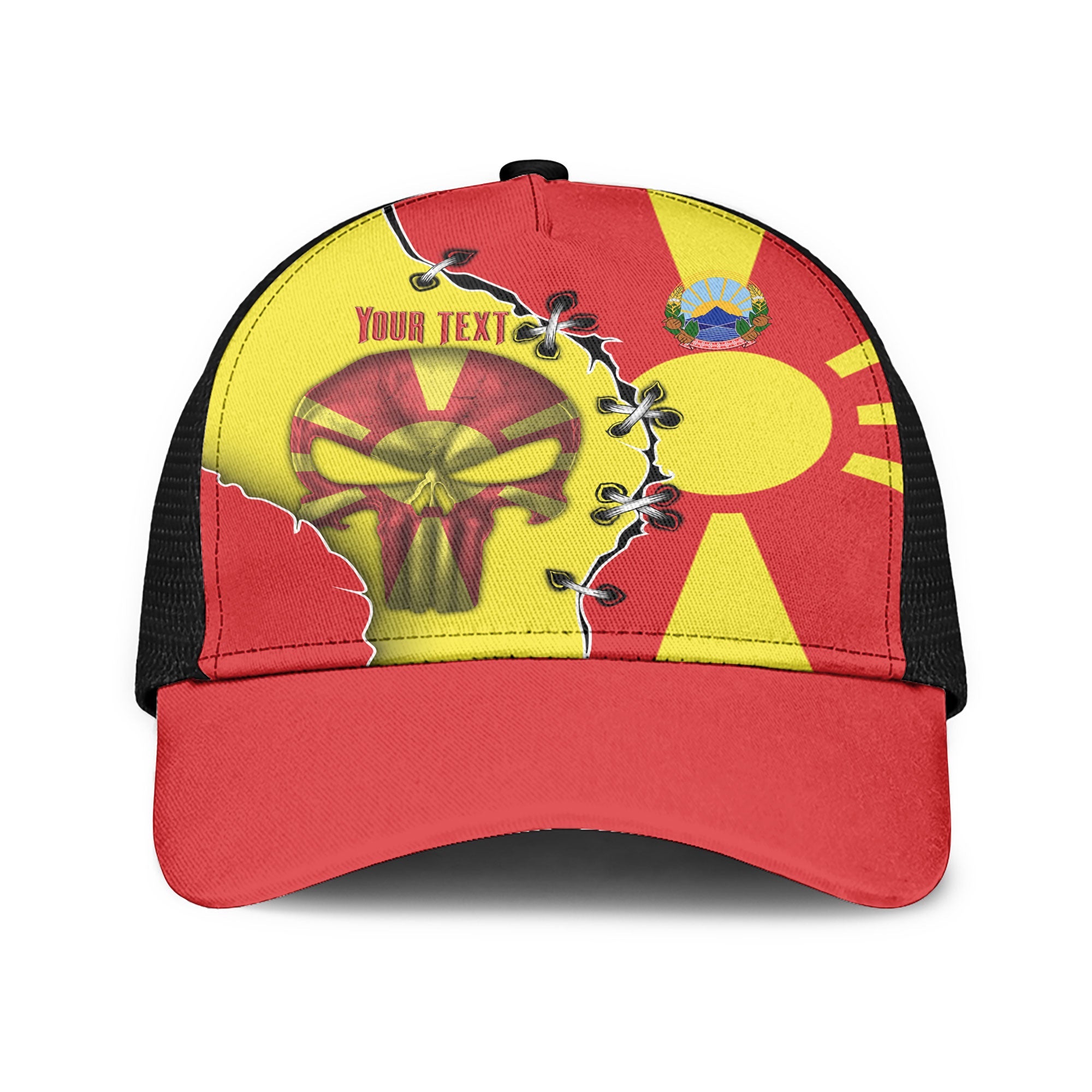 North Macedonia Mesh Back Cap Flag & Coat Of Arms Skull Style