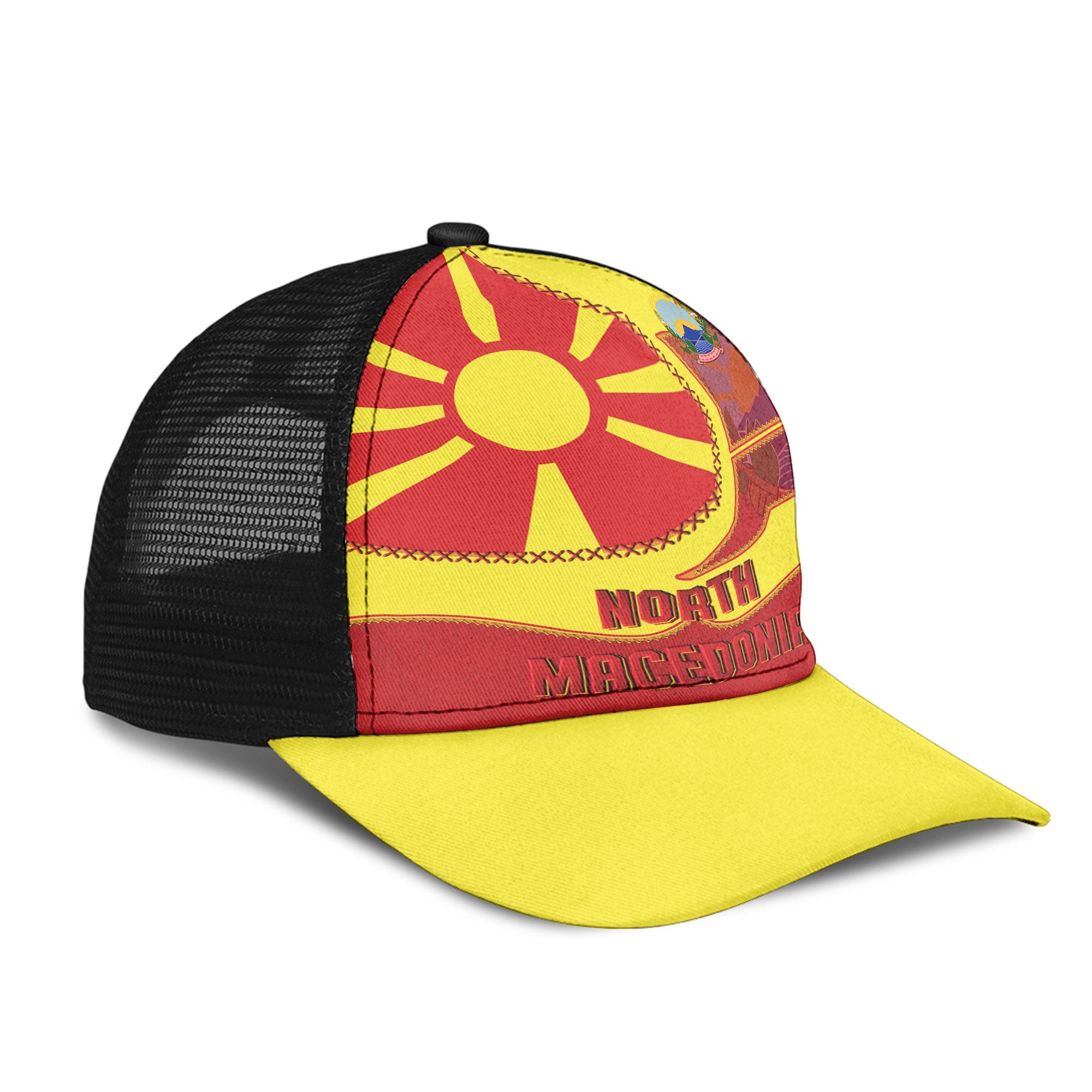 North Macedonia Mesh Back Cap Flag & Coat Of Arms Leather Style