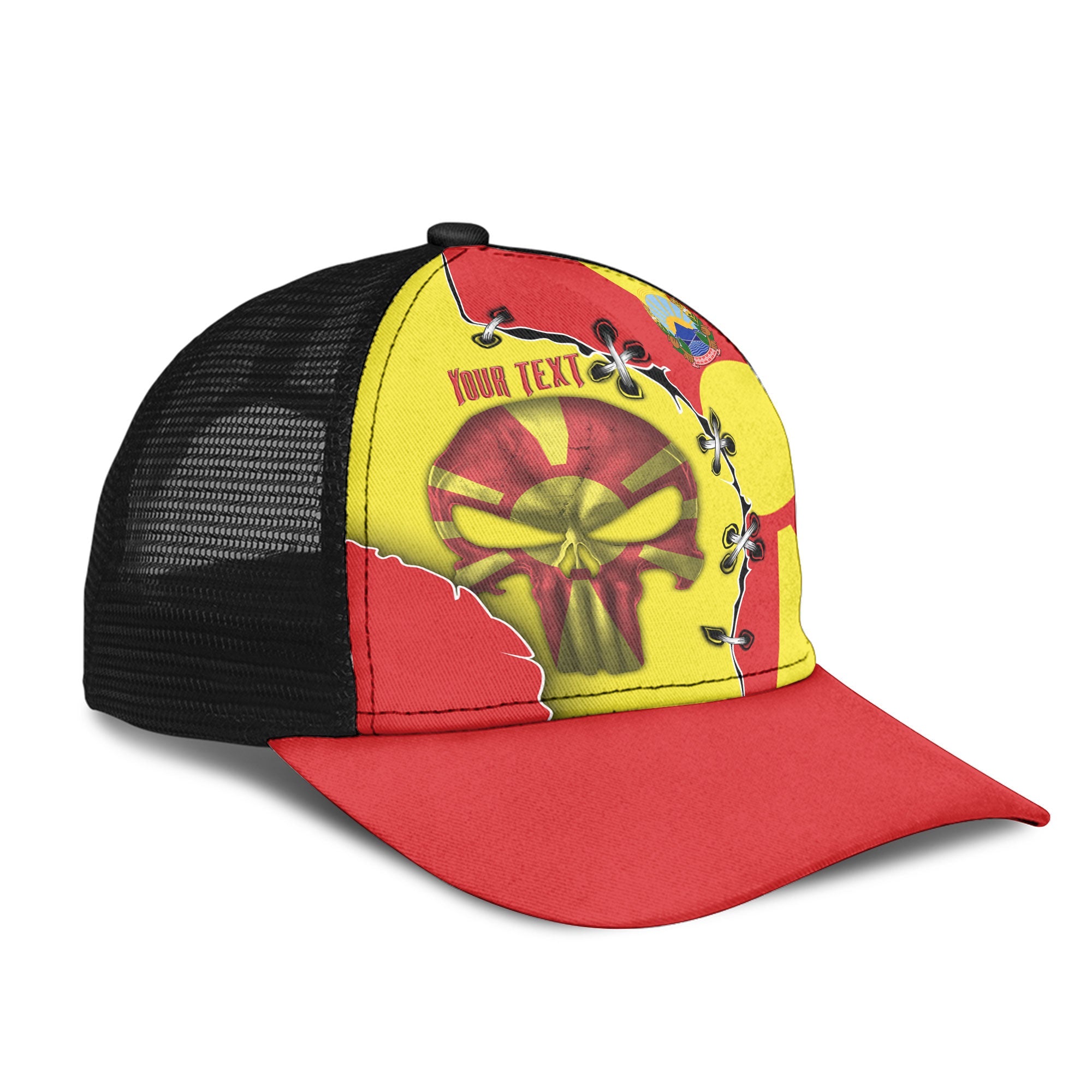 North Macedonia Mesh Back Cap Flag & Coat Of Arms Skull Style