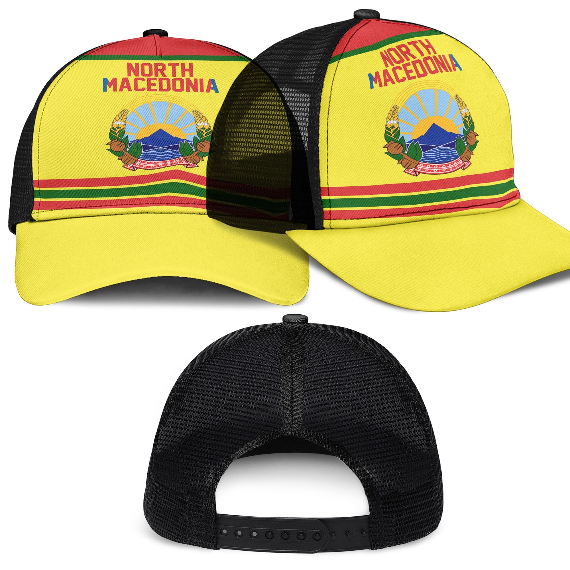 North Macedonia Mesh Back Cap Flag & Coat Of Arms Hockey Style