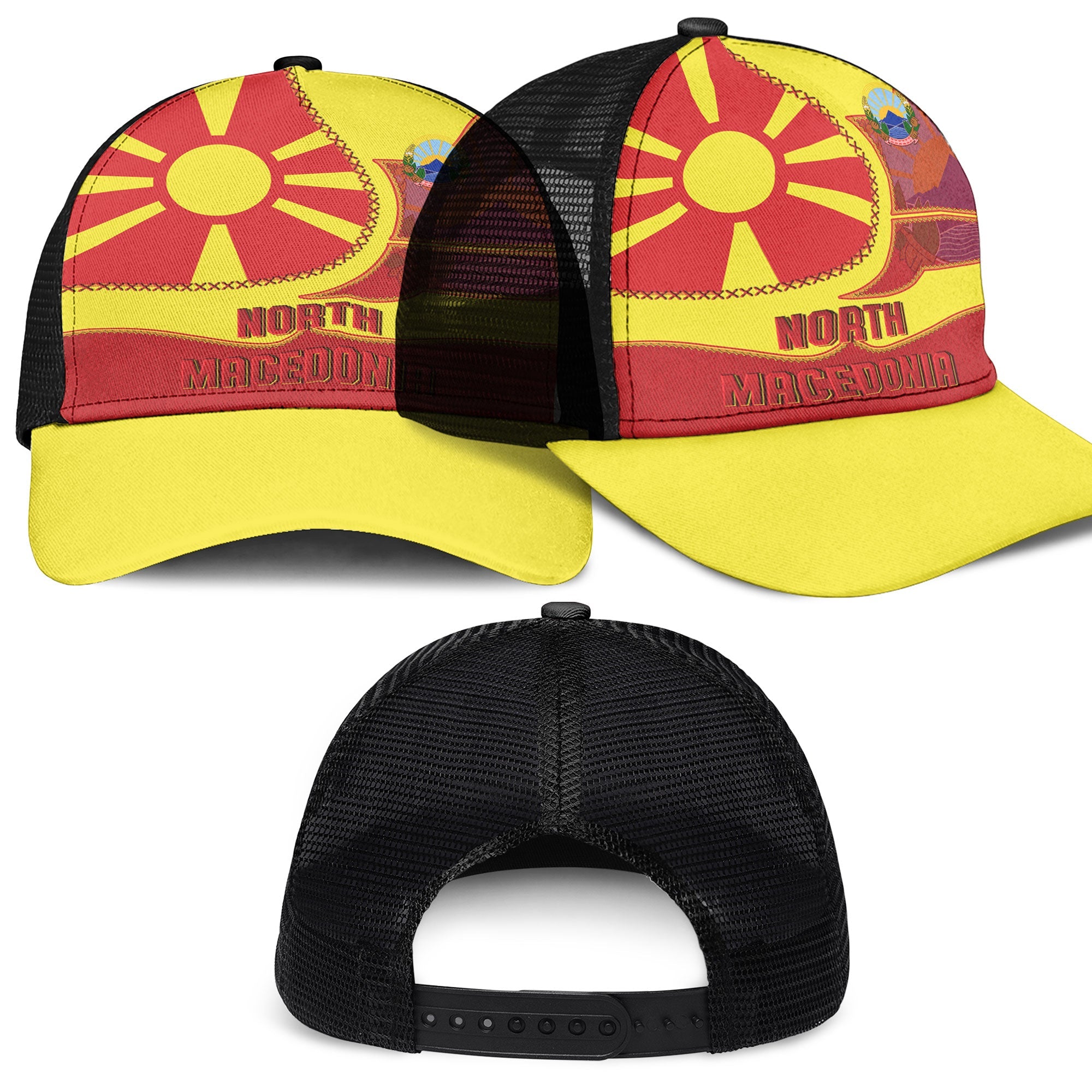 North Macedonia Mesh Back Cap Flag & Coat Of Arms Leather Style