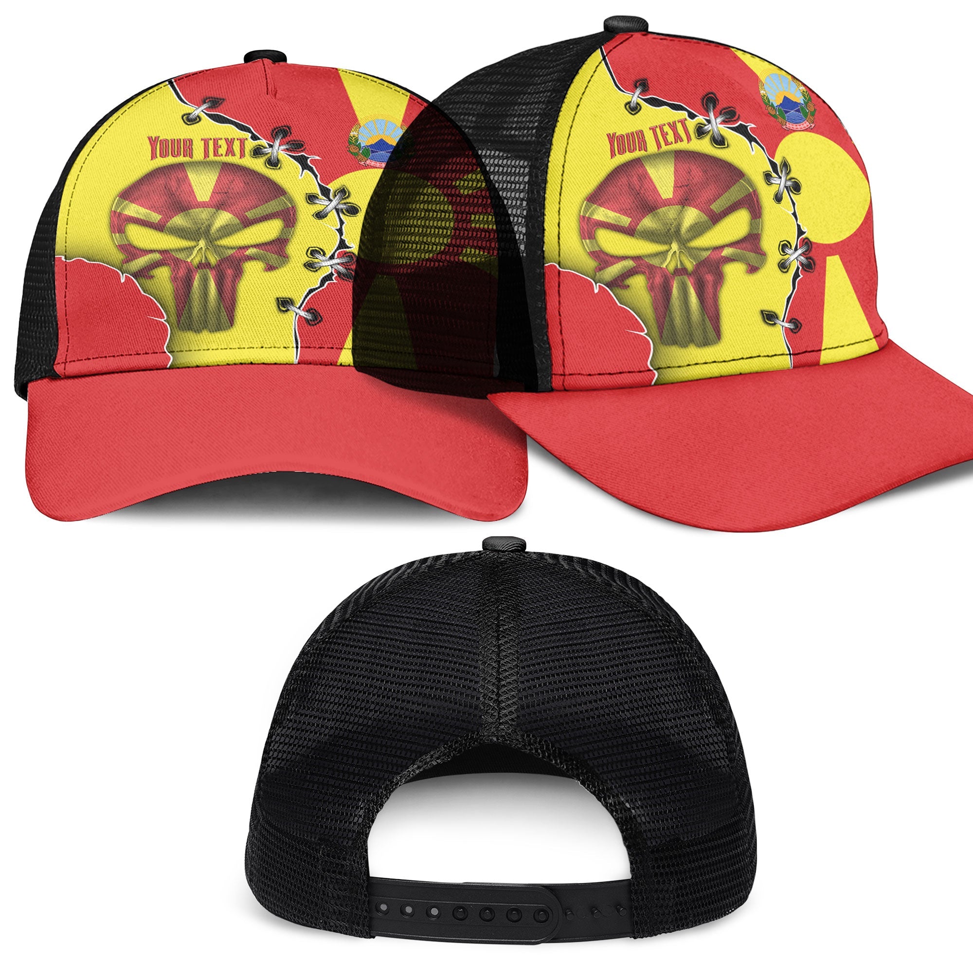 North Macedonia Mesh Back Cap Flag & Coat Of Arms Skull Style