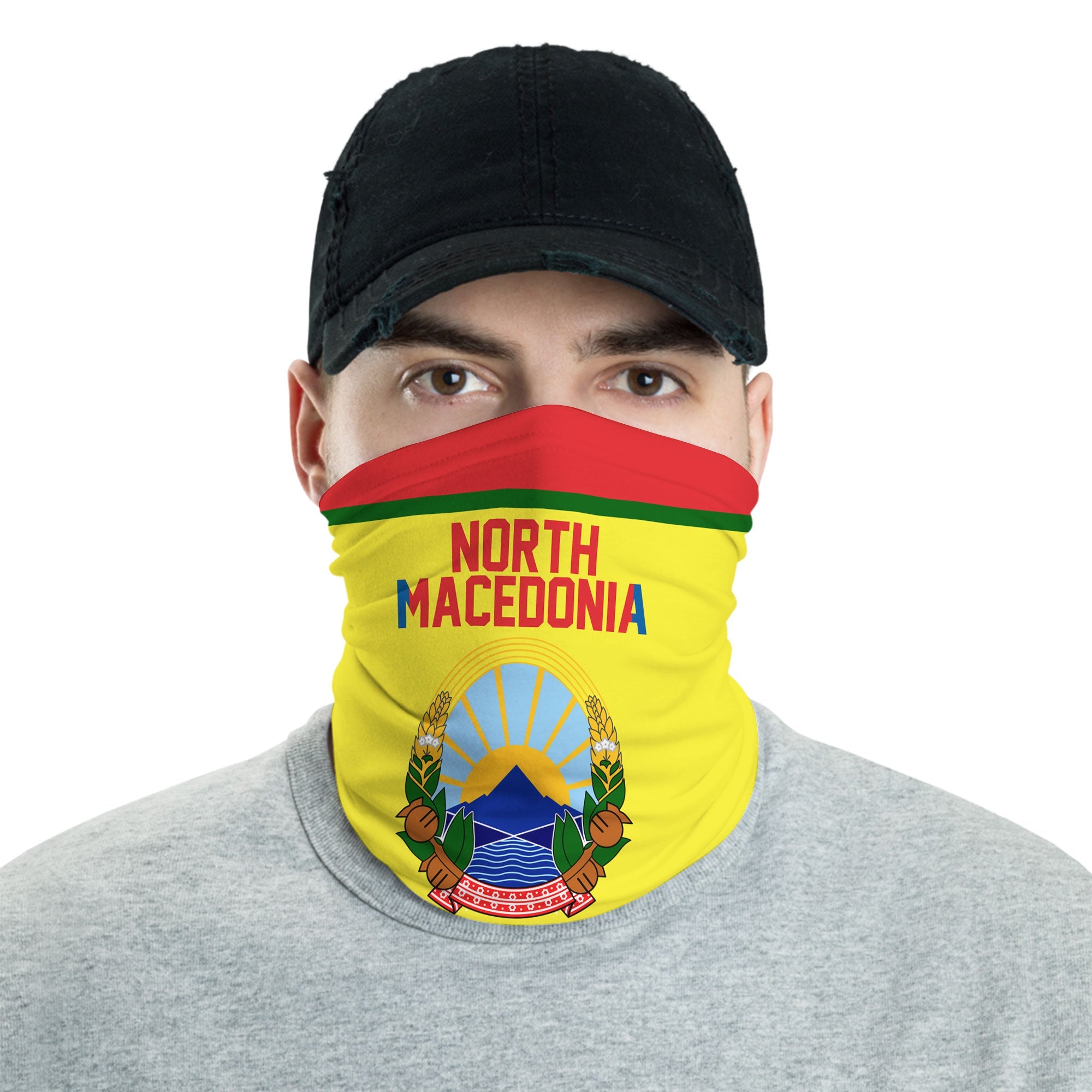 North Macedonia Neck Gaiter Flag & Coat Of Arms Hockey Style